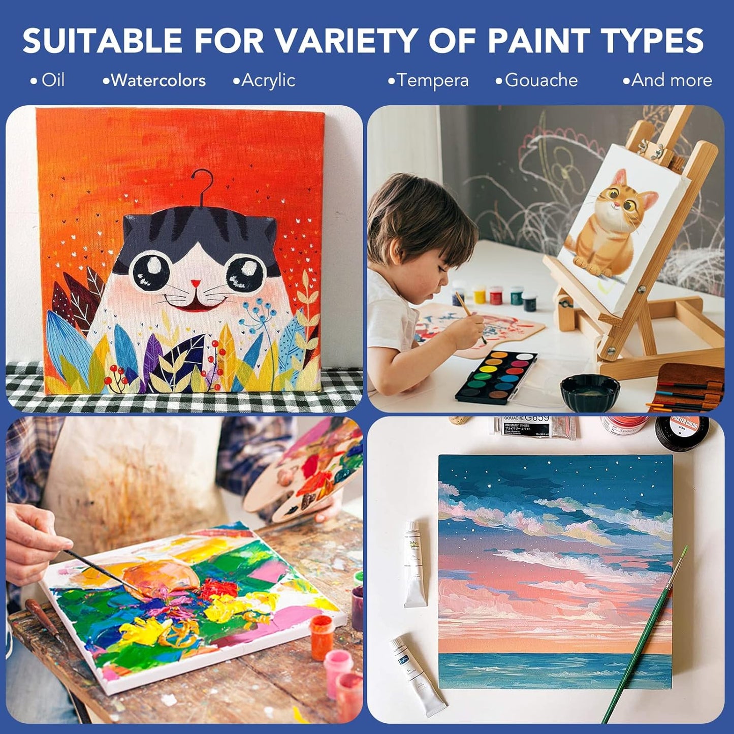 Stretched Canvases for Painting, 8PCS Multi Pack Square Canvas 4×4”, 6×6”, 8×8”, 10×10”(2 of Each), Acid-Free Wood Frame Blank Canvas, Art Canvas Pre Primed for Acrylic, Oil Painting, Tempera.
