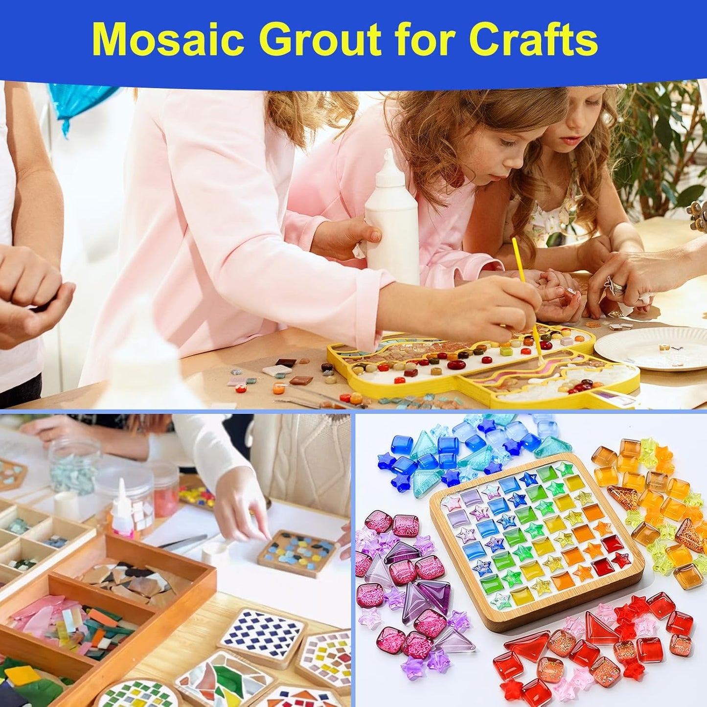 Mosaic Crystal Grout Kit with Scraper, Mosaic Crystal Sealant, Handmade Decorate Tessellated Coasters, No Need to add Water, Perfect for DIY Craft Projects & Tile Accessories (Translucent, 14oz)