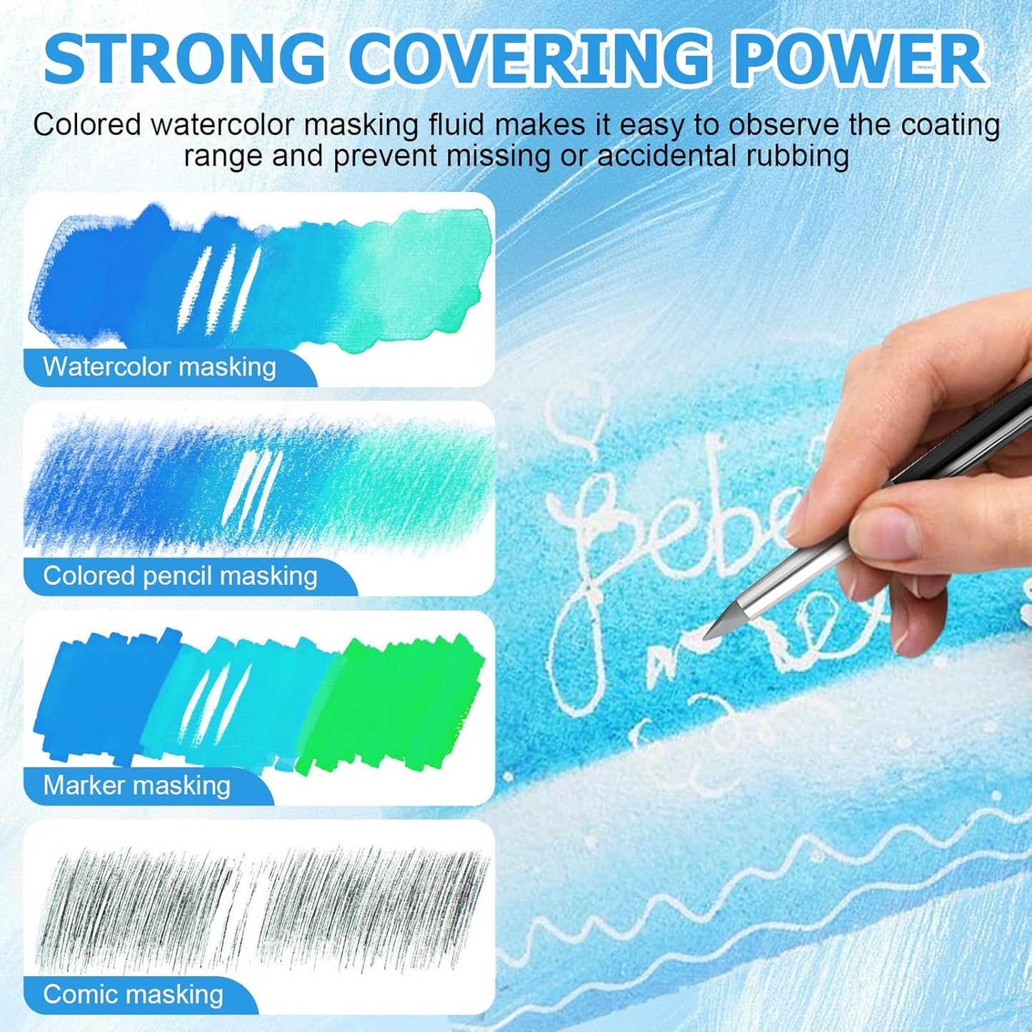 WANJAO Masking Fluid for Watercolor Painting, Liquid Masking Tape with Silicone Pens Cleaning Brush for Painting Fast Drying Easy Peel Use to Art Watercolor Supplies Retouching Covering, 30ml White