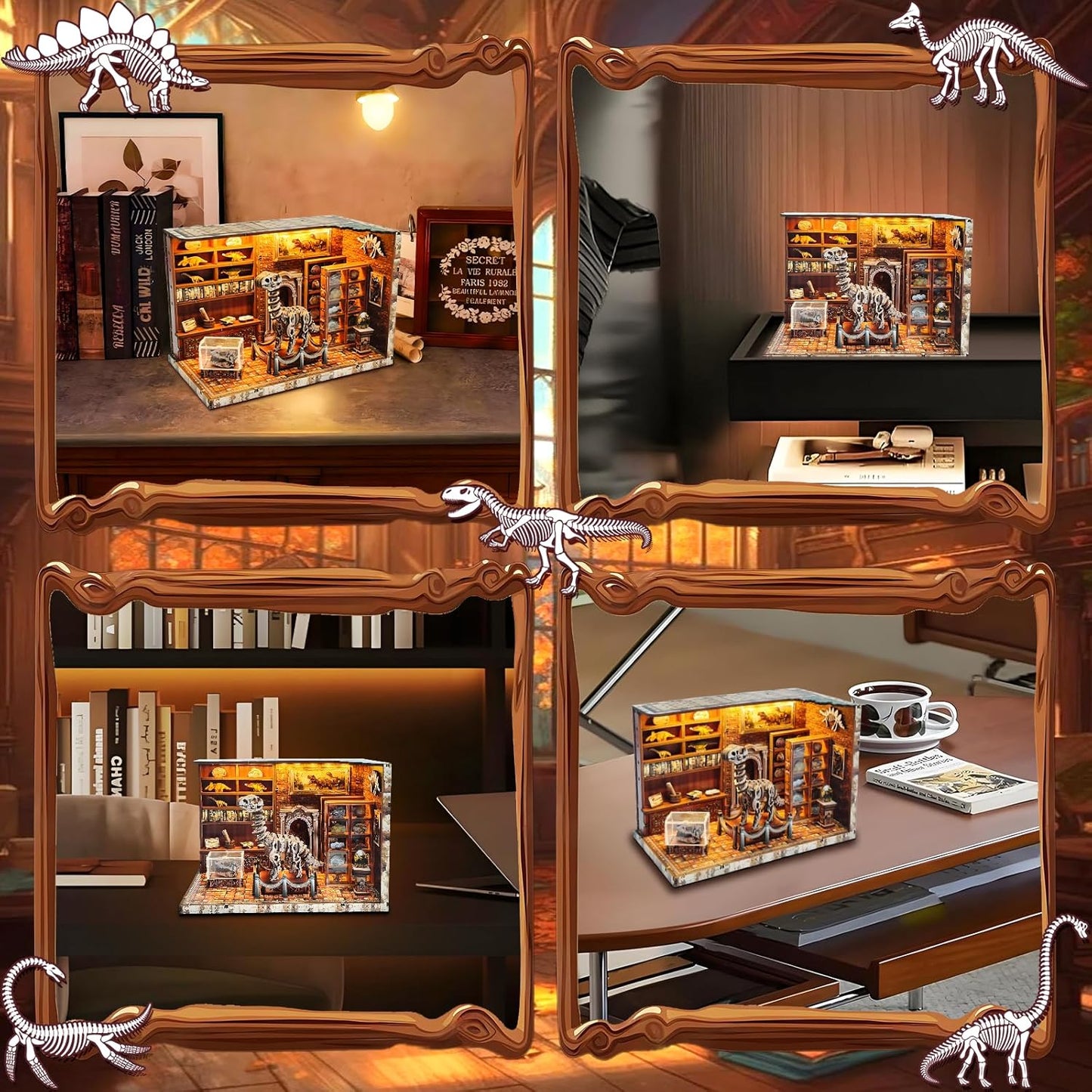 3D Wooden Puzzles for Adults, DIY Miniature Dollhouse, Book Nook Kit, Built-in LED Model Kit Hobby Gifts for Adults Teens Home Decor, Ideal Gift for Teenager and Men (Dinosaur Museum)