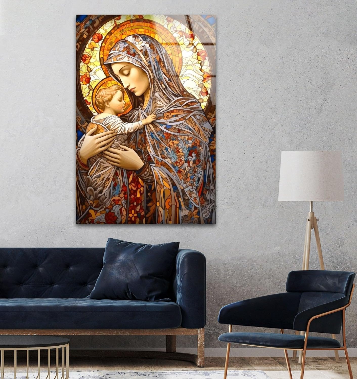 My Photostation.com Round 24'' Jesus and Virgin Mary Glass Wall Art Tempered Glass Printing Wall Decor Large Wall Art Wall Hangings