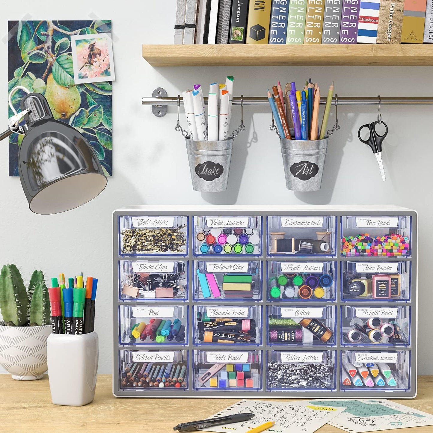 ARTEZA 16 Drawer Storage Cabinet, 17.7 x 8.2 x 10.9 inches, White, Plastic Drawers? with Stoppers, ?Multi Compartment Organizer for Makeup and Art Supplies