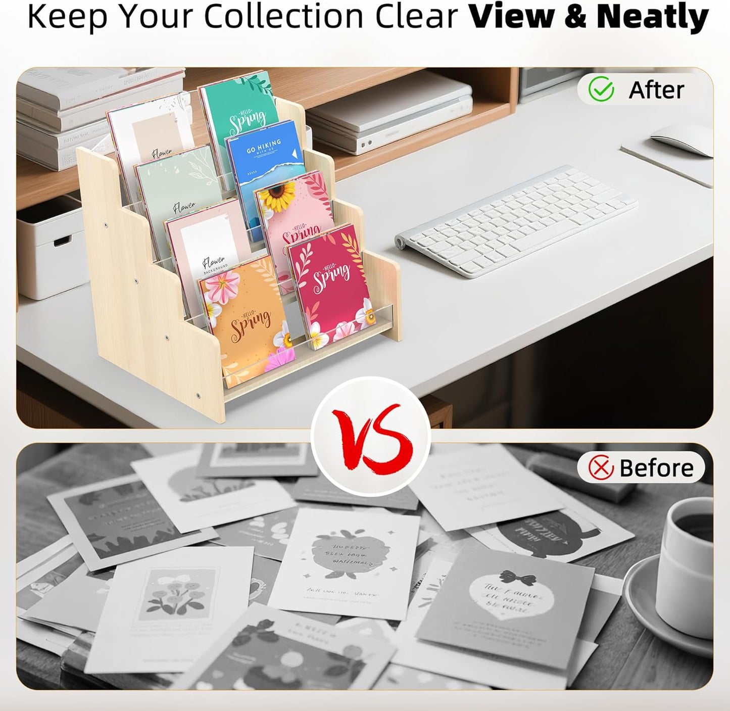 4-Tier Wooden Greeting Card Display Stand, Acrylic Brochure Holder for Retail Counter, Craft Fairs Photo Picture Postcard Organizer Rack, Space-Saving Desktop Display
