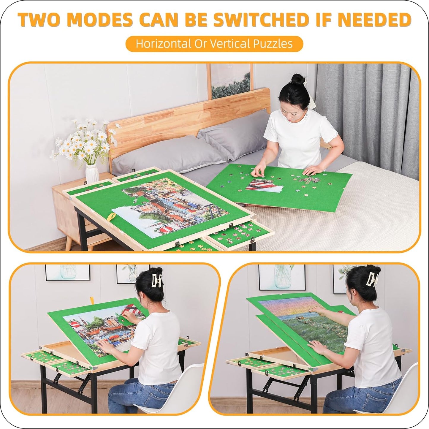 Puzzle Table and Board with 4 Drawers - Adjustable Tilting Angle, Wheels & No Assembly Folding Legs for 1500 Piece Jigsaw Puzzles - Wooden Cover Protection for Adults, Moms & Crafters