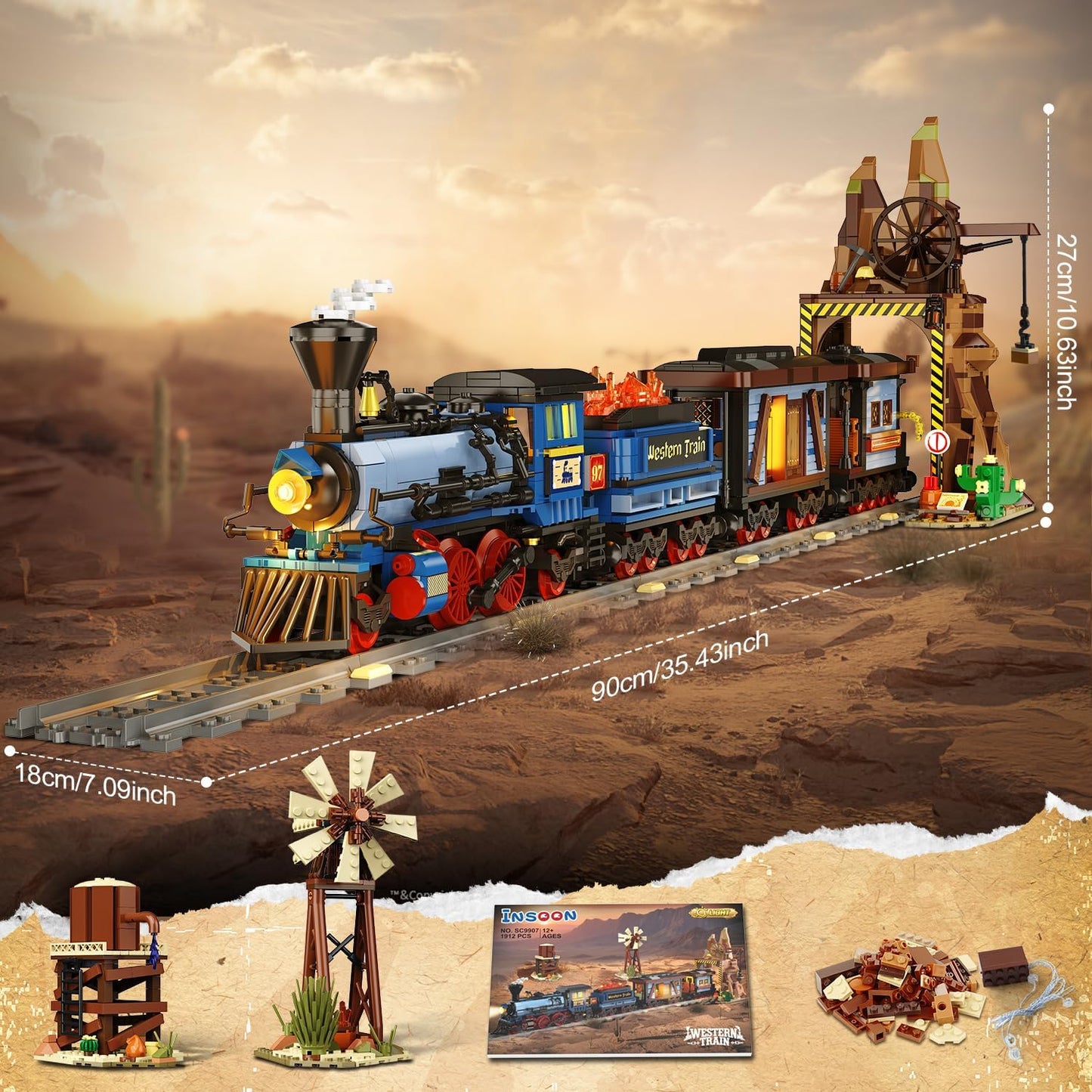 Western Train Building Set with Lights, 1912 PCS West Trains Static Display Model Toy with Tracks Windmill Water Tower, Home Office Decor Building Blocks for Adults Teens Big Boys Girls 12+