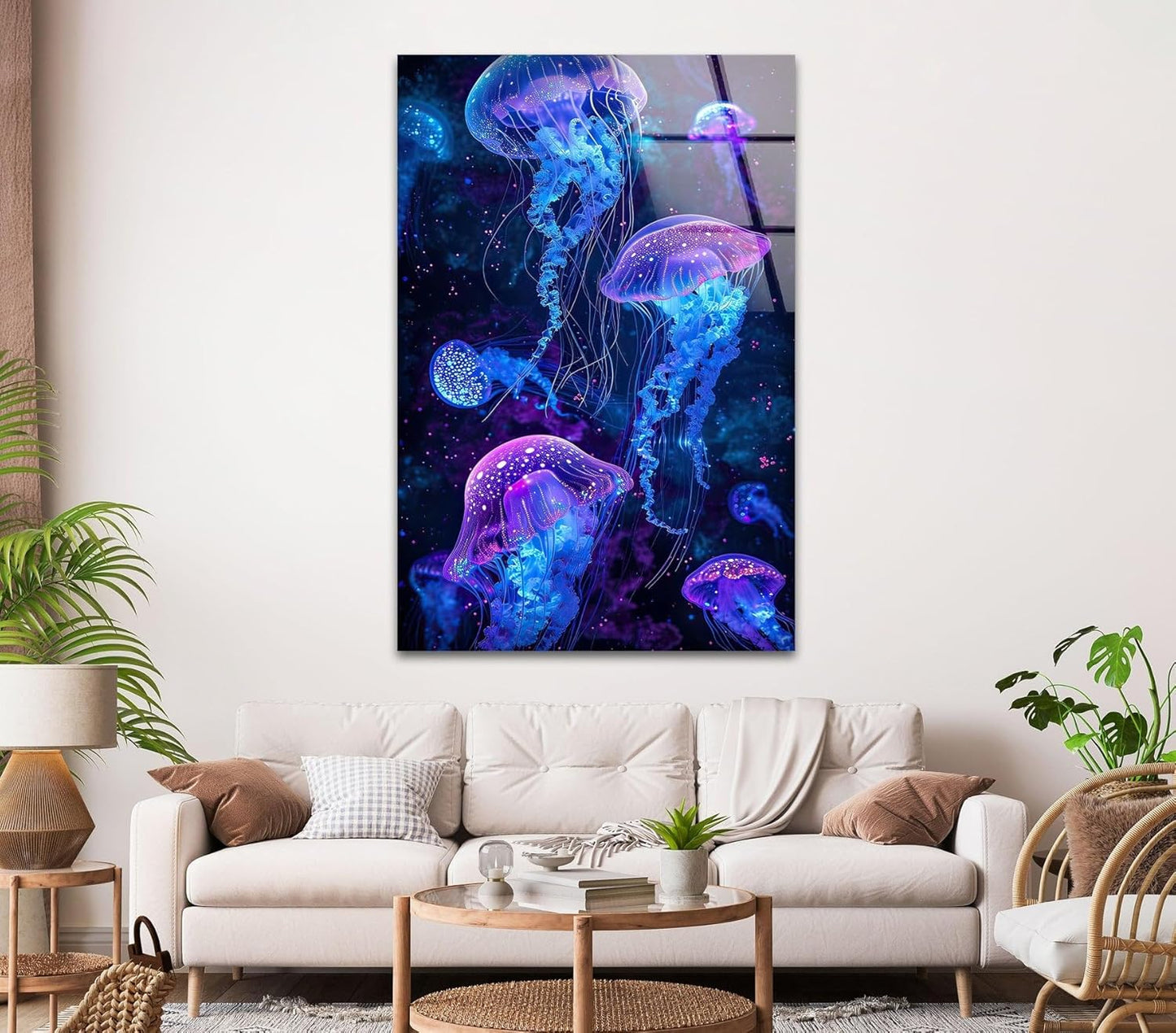My Photostation.com 32Wx48H'' Glowing Jellyfish Glass Wall Art Tempered Glass Printing Wall Decor Large Wall Art Wall Hangings