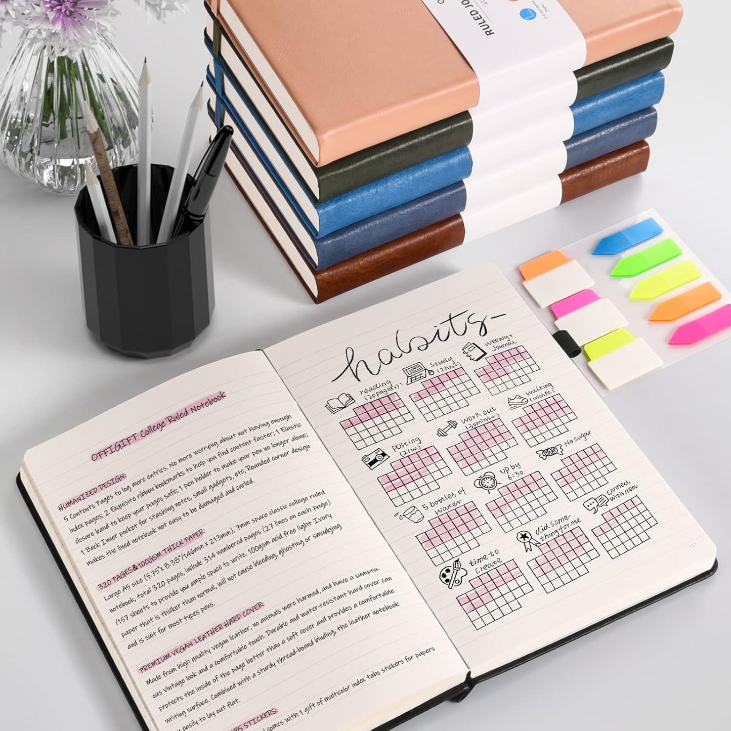 5 Pack College Ruled Notebook, 312 Numbered Pages Thick Notebooks Bulk, 100gsm No Bleed Paper Hardcover Leather Journal, Lined Journal Notebook Set for Women Men School Office, A5, Burgundy