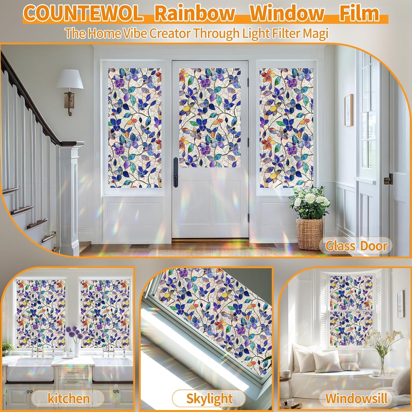 Window Privacy Film Stain Glass Window Film Rainbow Window Film Window clings Non-Adhesive Reusable Decorative for Room (Stained Leaf, 23.6 x 78.7 in)