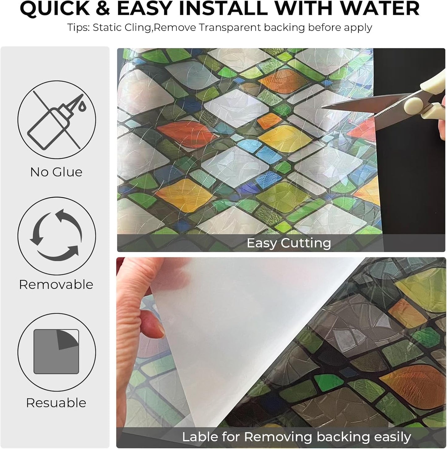 Window Privacy Film Rainbow Film Stained Glass 3D Static Cling Decorative Window Sticker for Bathroom,Front Door,Home Heat Control UV Blocking Non Adhesive,Diamond Grid 17.5 x 78.7 inches