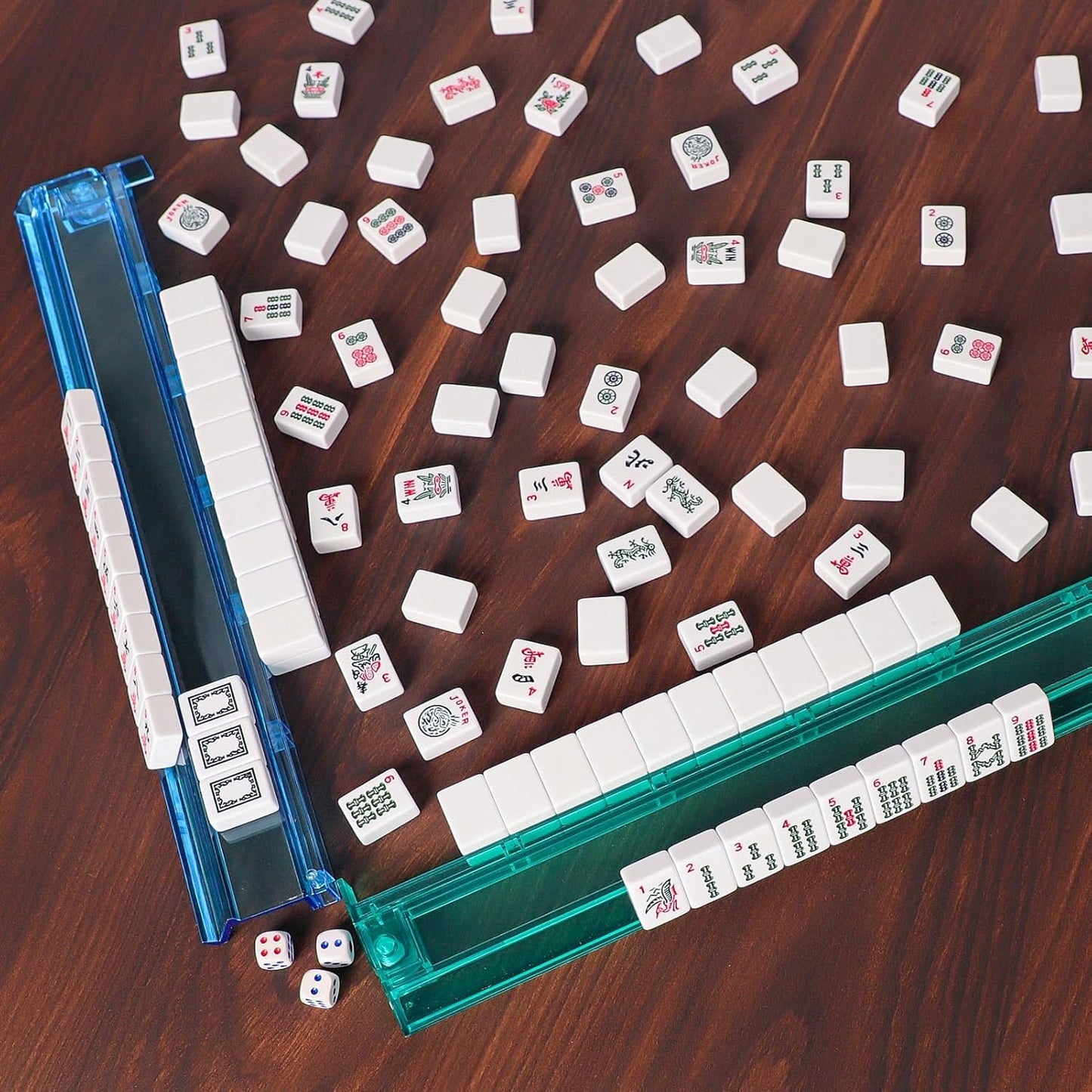 ZGME American Mahjong Set,166 White Tiles with Blue Rectangular Bag and Accessories,4 All-in-One Mahjong Racks with Pushers,Complete Western Mahjong Set