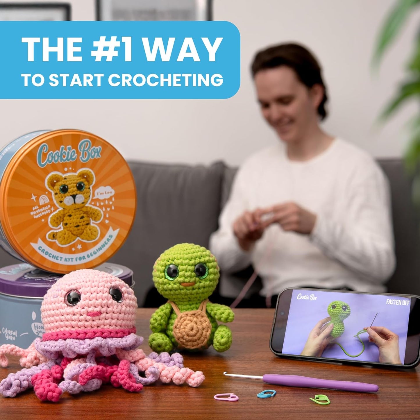 Cookie Box Crochet Kit for Beginners – Gift Set to Make Leopard Leo Amigurumi Plushie – Easy DIY Crochet & Knitting Starter Kit with Video and PDF Tutorials