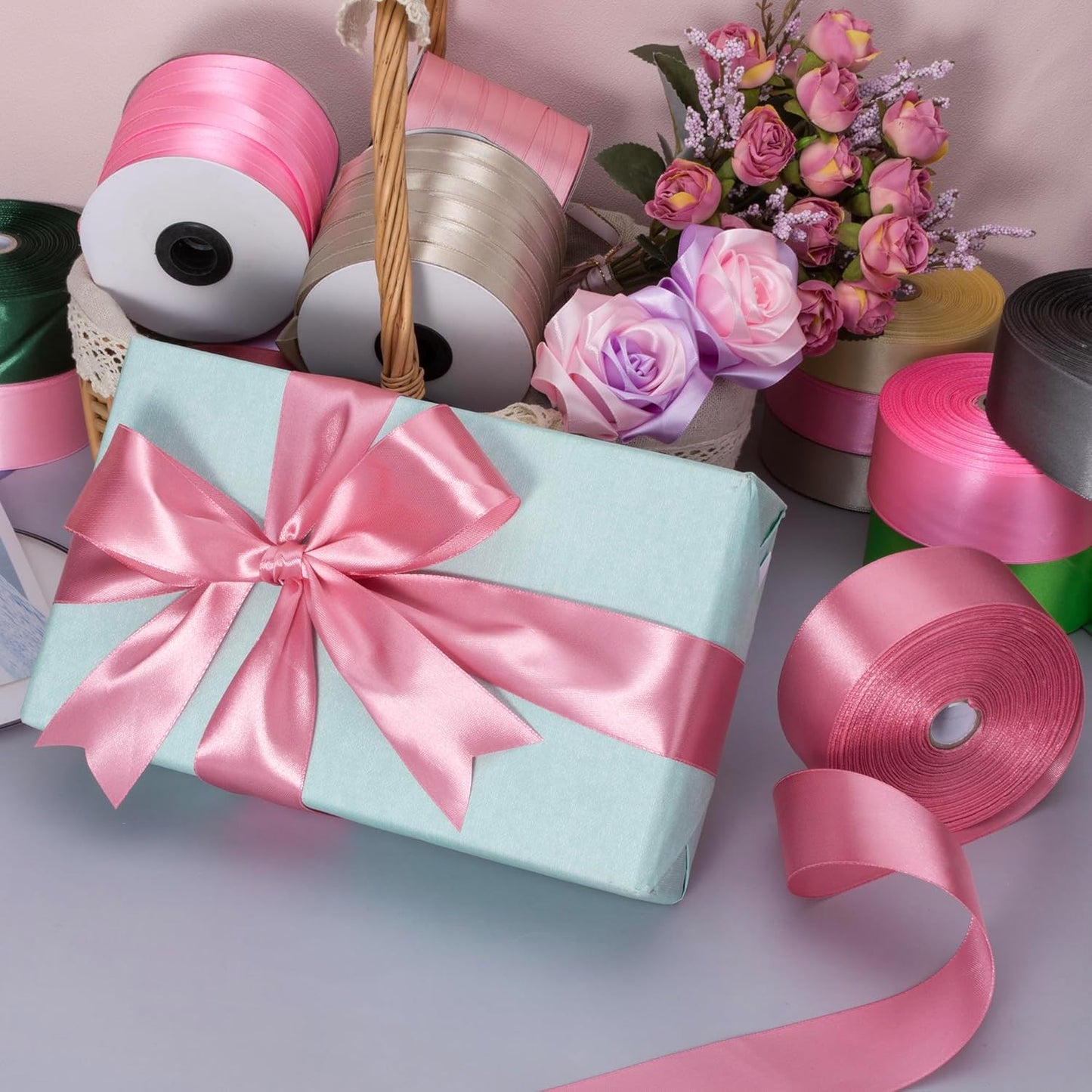 1 Inch Rose Gold Solid Satin Ribbon, 50 Yards Craft Fabric Ribbon for Gift Wrapping Floral Bouquets Wedding Party Decoration