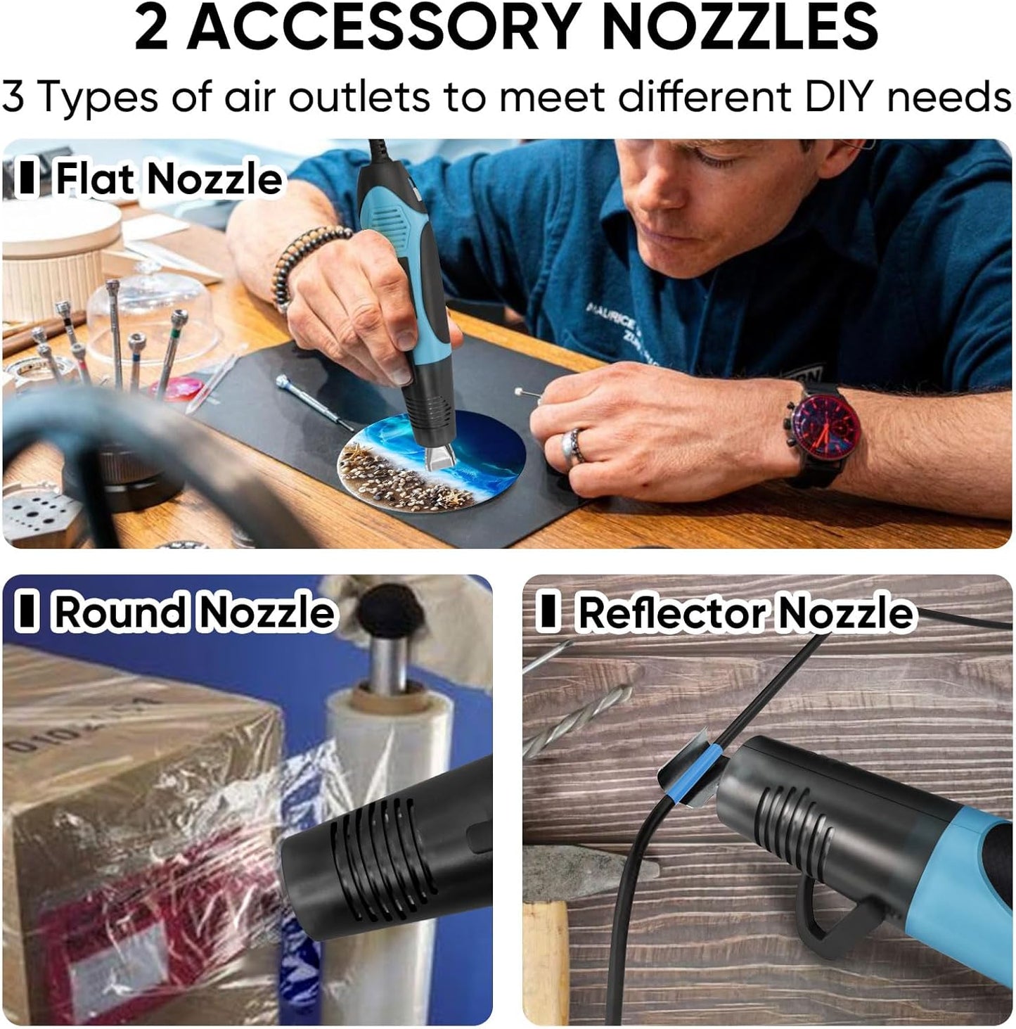 ROMECH 350W Heat Gun with 2 Nozzles, Dual Temp Heat Gun 400°F-660°F, Fast Heat Hot Air Gun with Overload Protection for DIY Craft Embossing Shrink Wrapping (Cyan)