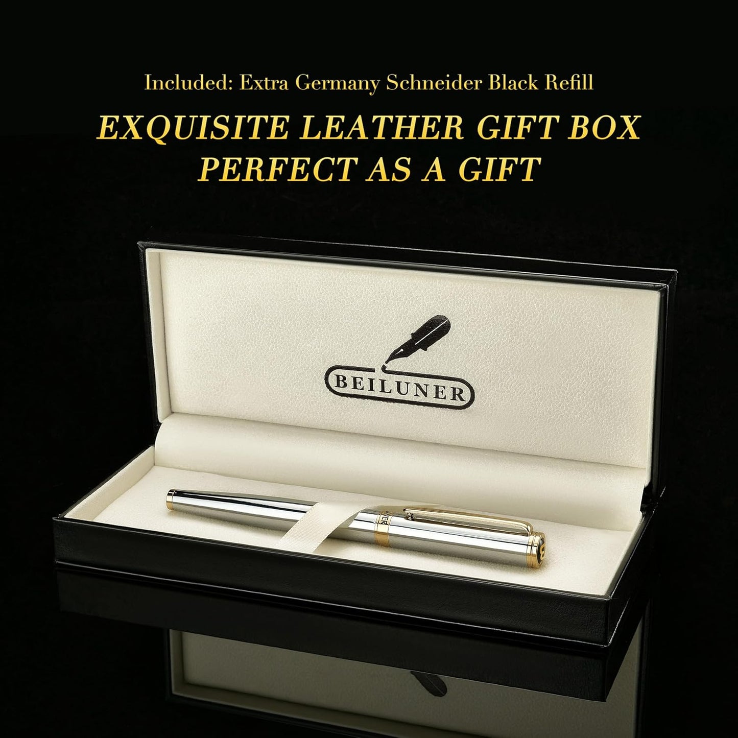 BEILUNER Luxury Rollerball Pen, Stunning Silver Chrome with 24K Gold Finish,Noble and Elegant Designs,Schneider Ink Refill, Best Gift Pen for Men & Women, Professional, Executive Office, Fancy Pens