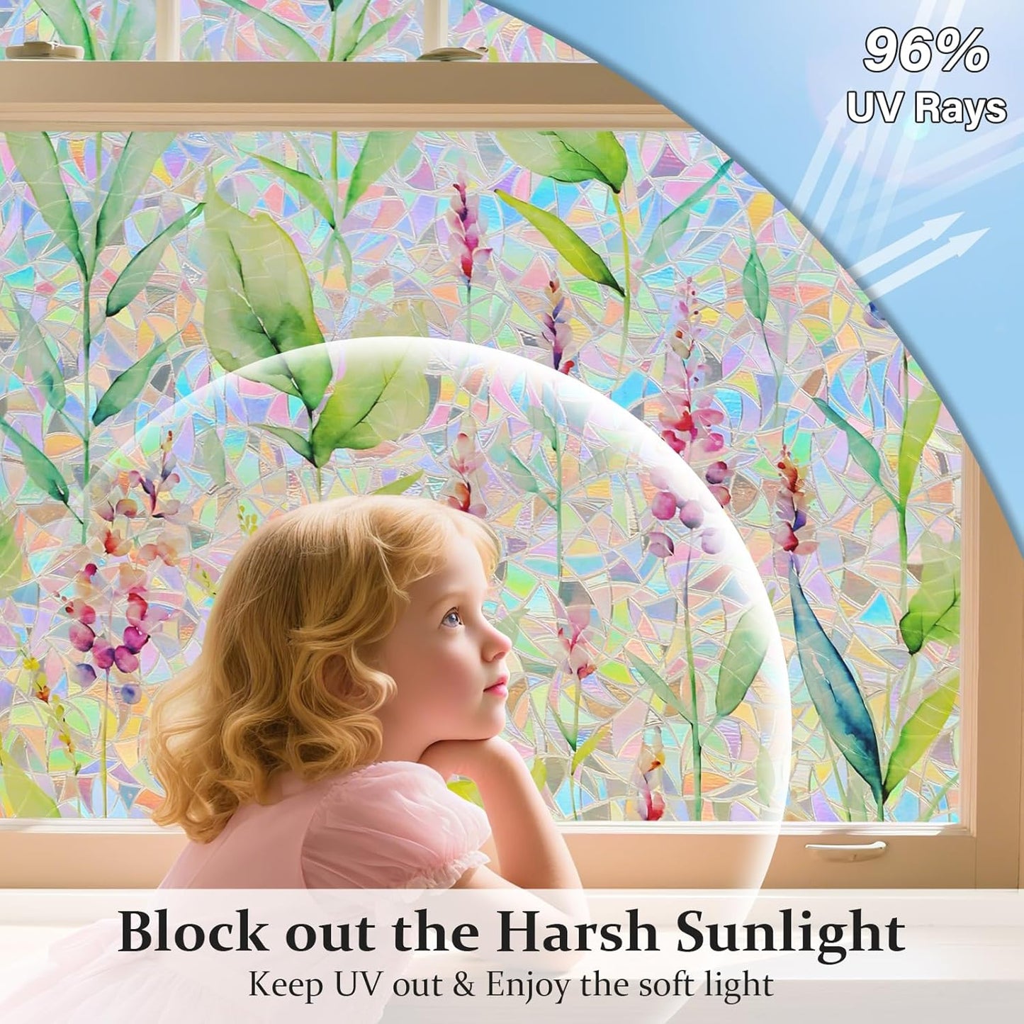 Donox Decorative Window Privacy Film, 3D Floral Stained Glass Window Film Static Cling Rainbow Privacy Sticker for Glass Door Heat Control Anti UV, No Adhesive (Gladiolus,35.4 x 78.7 inches)