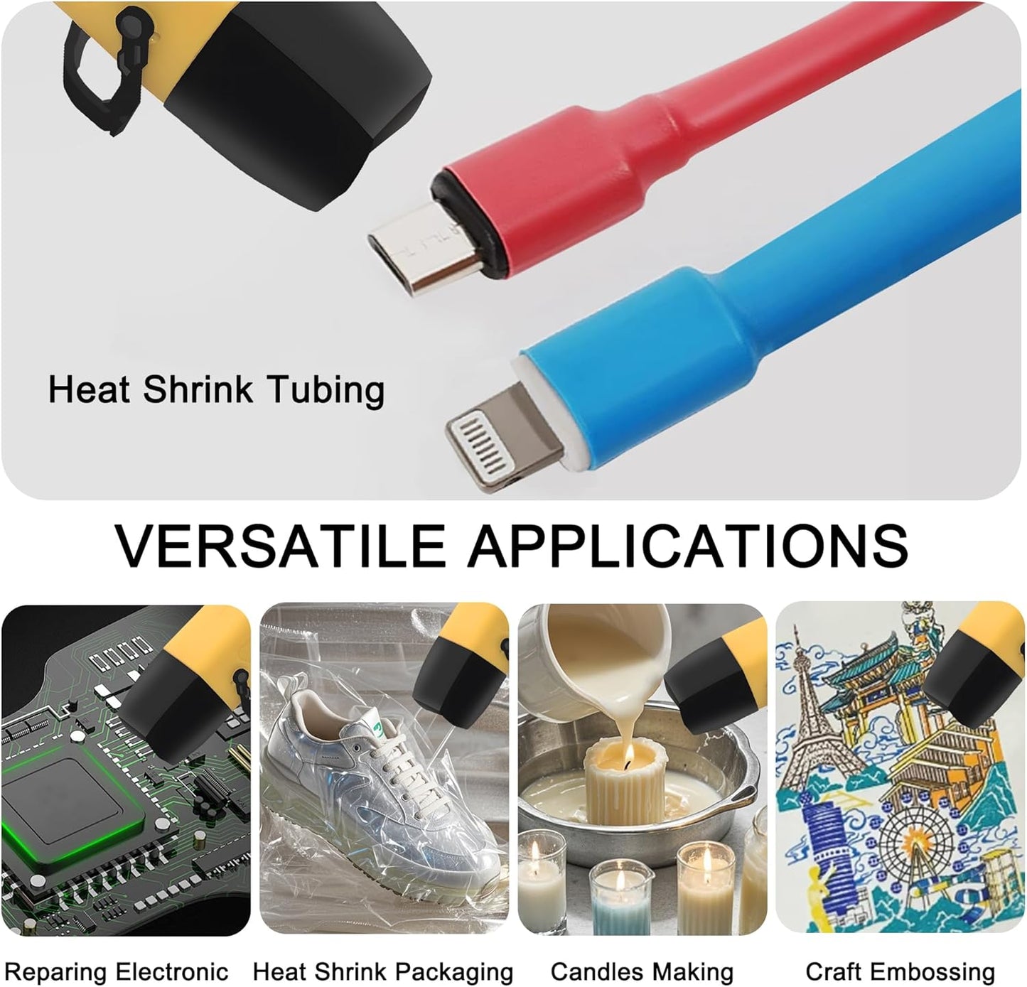 mofa Mini Variable Temp Heat Gun 350W 250℉~850℉(150℃- 450℃) Fast Heating,LCD Digital Display Hot Air Gun Tools with Reflector Nozzle&Tripod Overload Protection for Crafting,Embossing,Drying (Yellow)