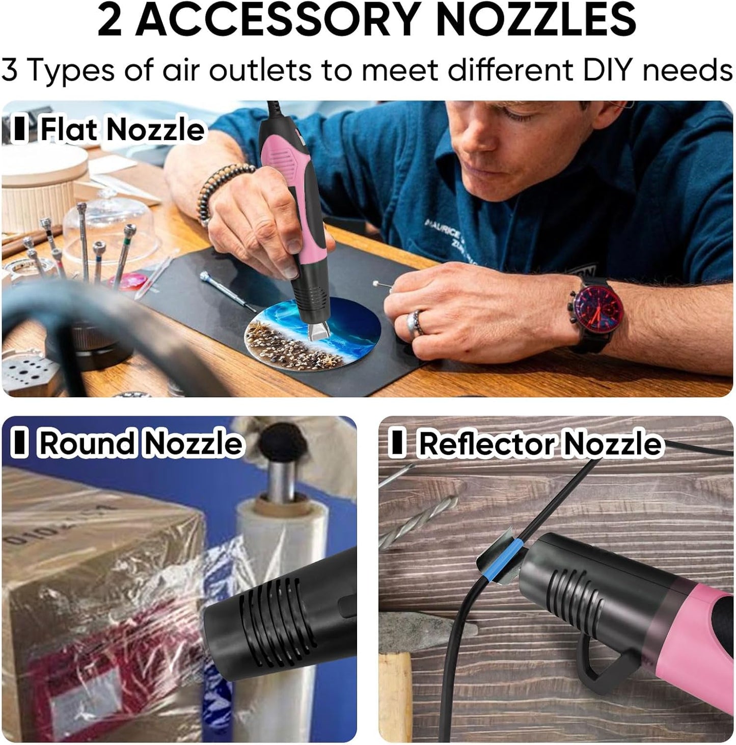 ROMECH 350W Heat Gun with 2 Nozzles, Dual Temp Heat Gun 400°F-660°F, Fast Heat Hot Air Gun with Overload Protection for DIY Craft Embossing Shrink Wrapping (Pink)