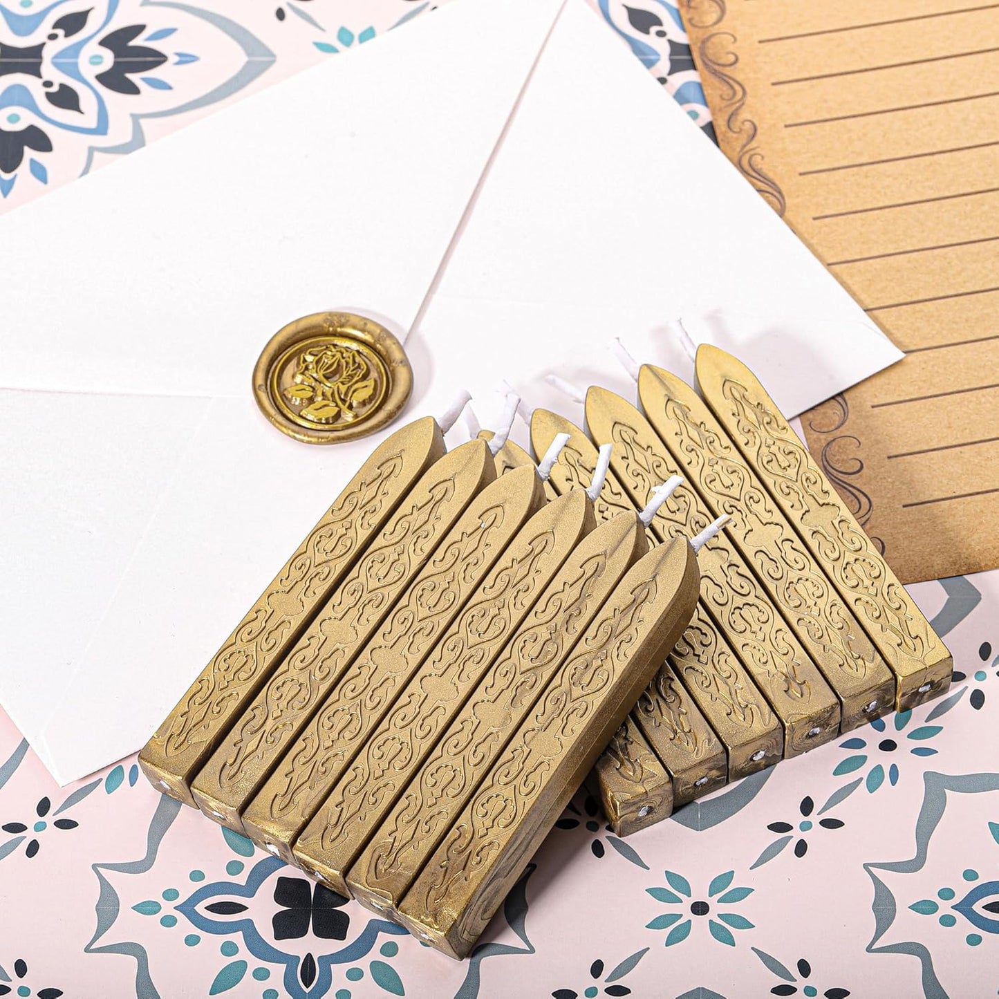 Yoption 12Pcs Sealing Wax Sticks with Wicks, Antique Gold Totem Fire Manuscript Seal Wax Sticks for Wax Seal Stamp (Antique Gold)