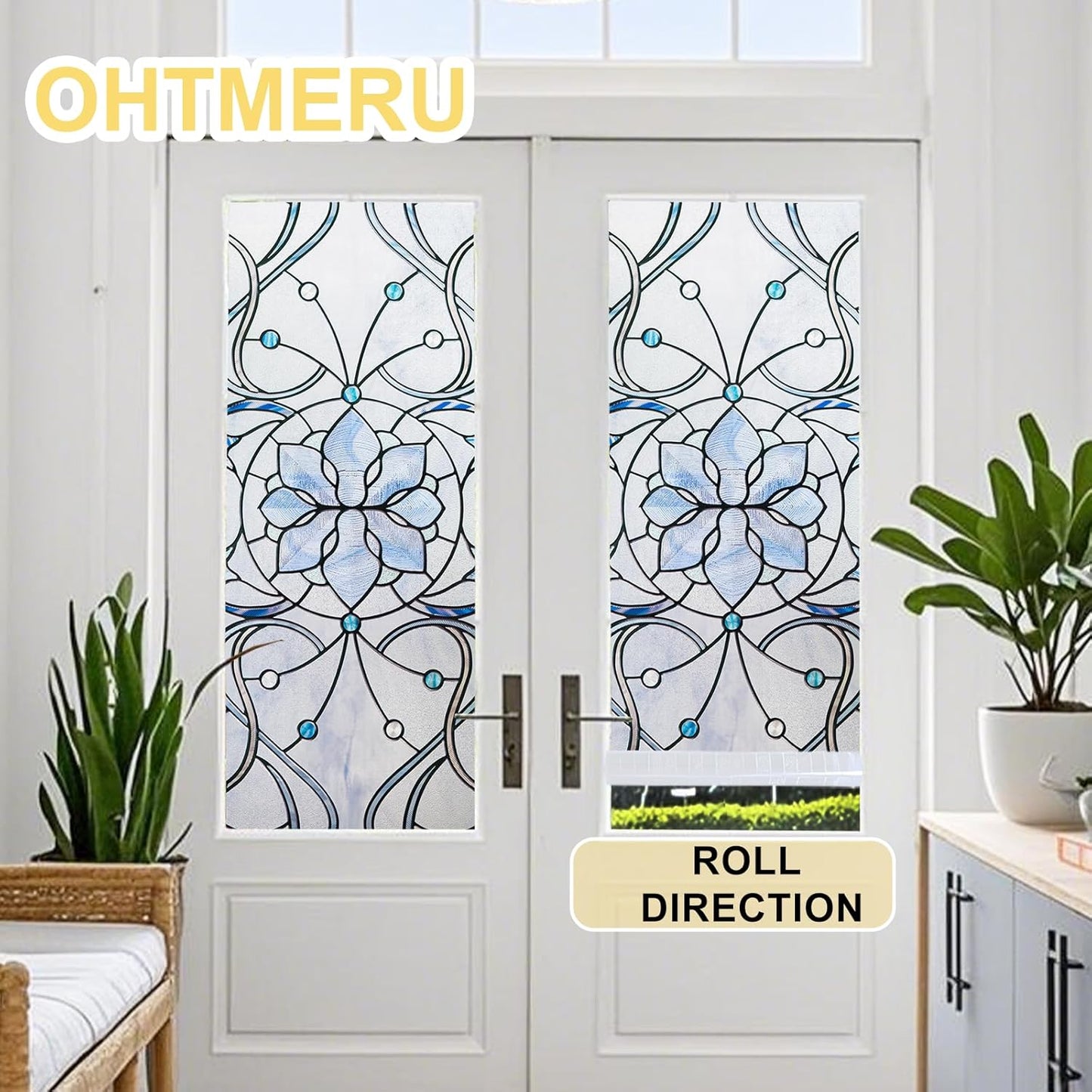 3D Stained Glass Window Privacy Film, Heat Control UV Blocking Static Cling Decorative Window Film for Bathroom,Front Door,Home Non Adhesive,16.9 x 39.3 inches Azure Bloom