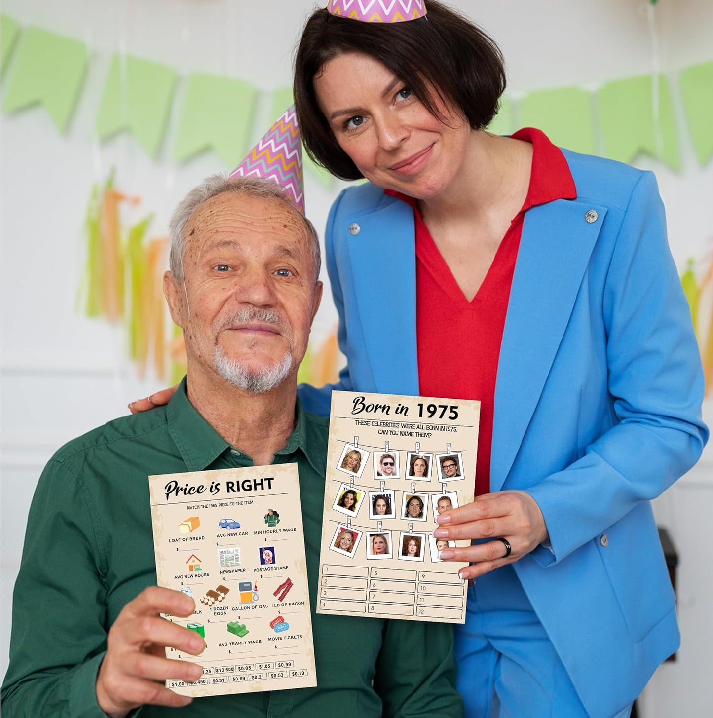 50th Birthday Party Games, Set of 2 Activities for 15 Guests, Born in 1975 Games Bundle, Birthday Party Supplies for Adults, Pack of 30 Cards