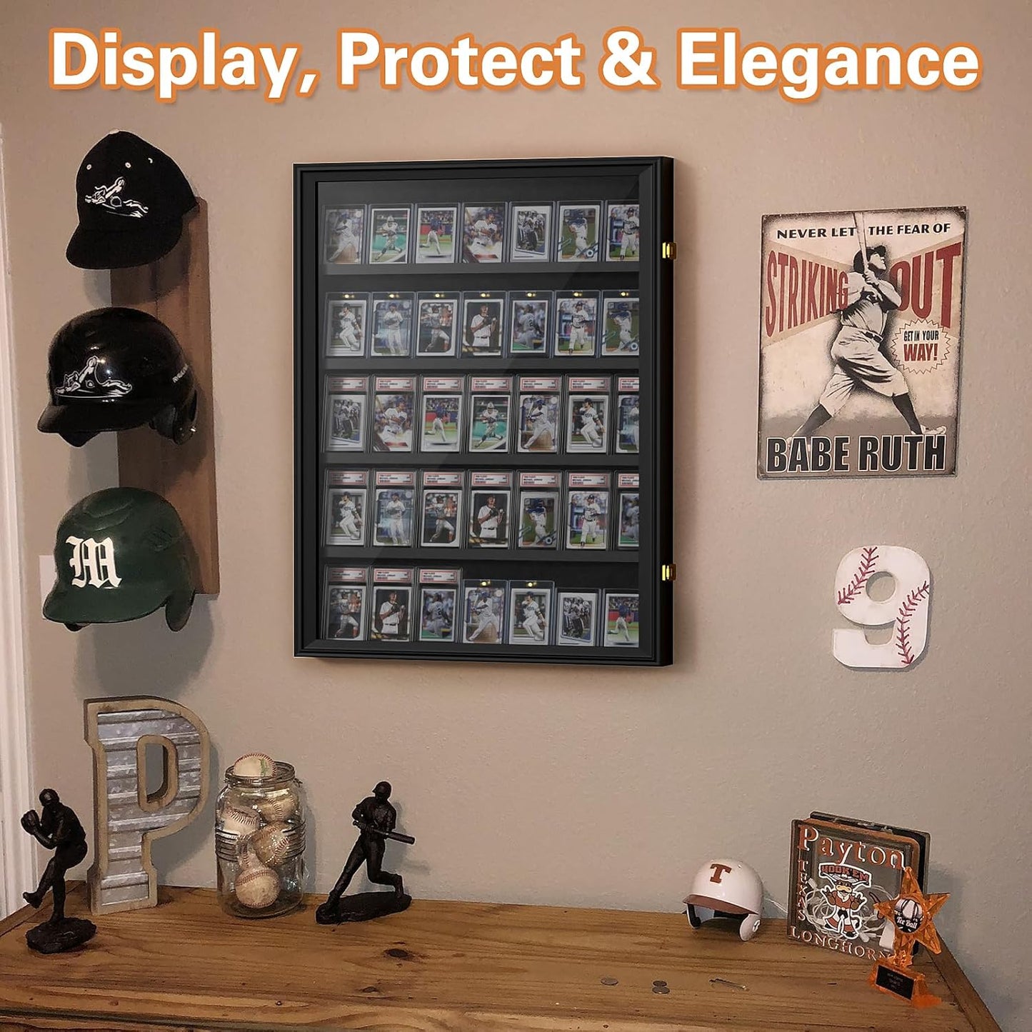 Mlikero Baseball Card Display Case, 35 Graded Card Display Frame Lockable, Trading Card Display with UV Protection Sports Card Display Case for Baseball Cards, Football Cards, Sports Cards