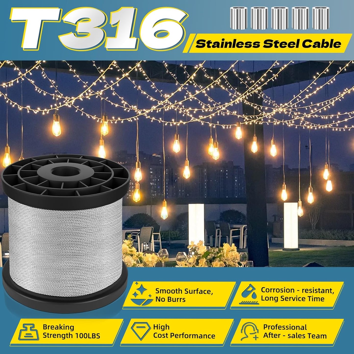 316 Stainless Steel Cable, 400FT 1/32IN Wire Rope with 100Pcs Aluminum Sleeves Stops, for String Lights Hanging, Clotheslines, Trellis Wire