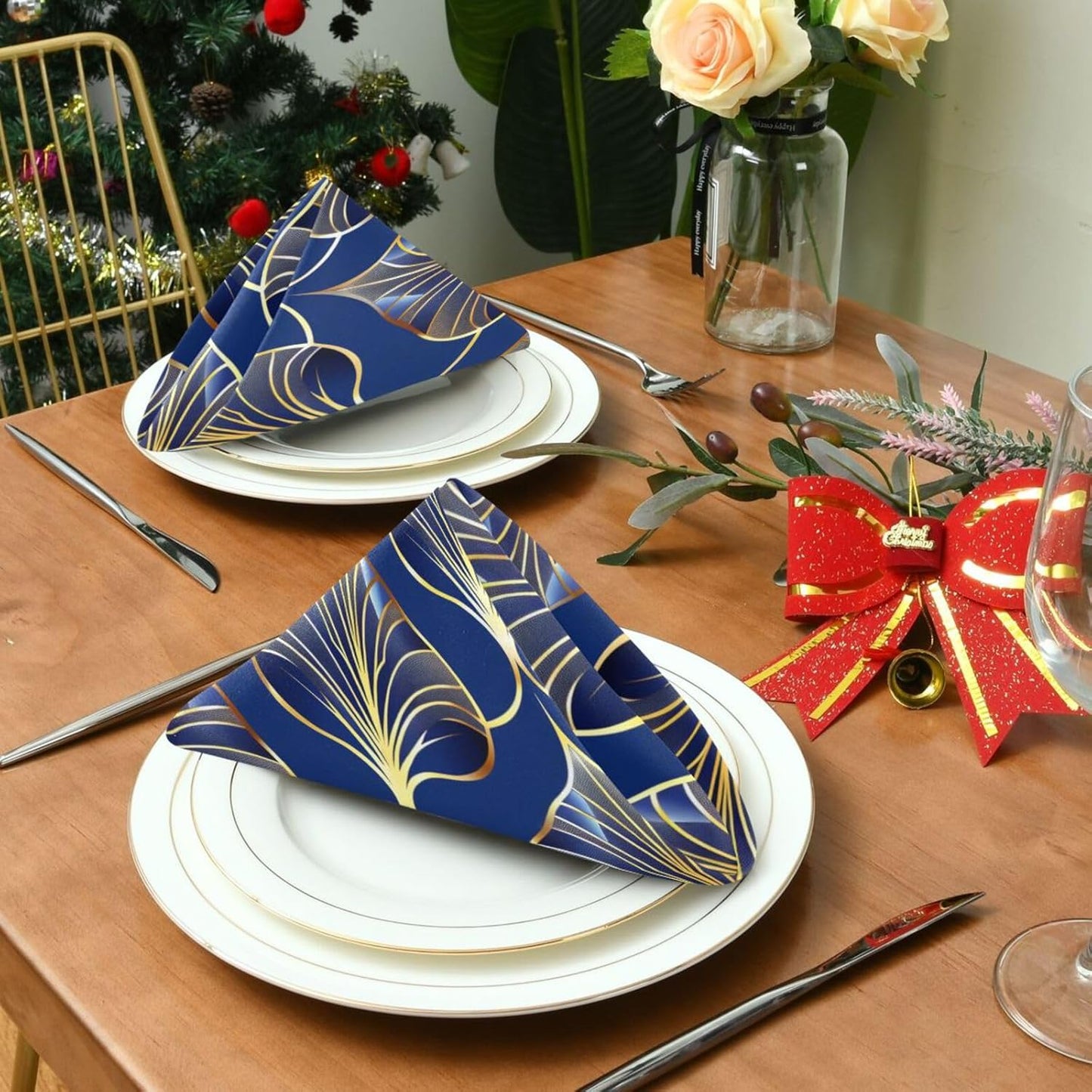 ALAZA Art Deco Floral Royal Blue & Gold Cloth Napkins Set of 6, 20x20 Inch Washable and Reusable Napkin for Decoupage Dinner Party Everyday Use