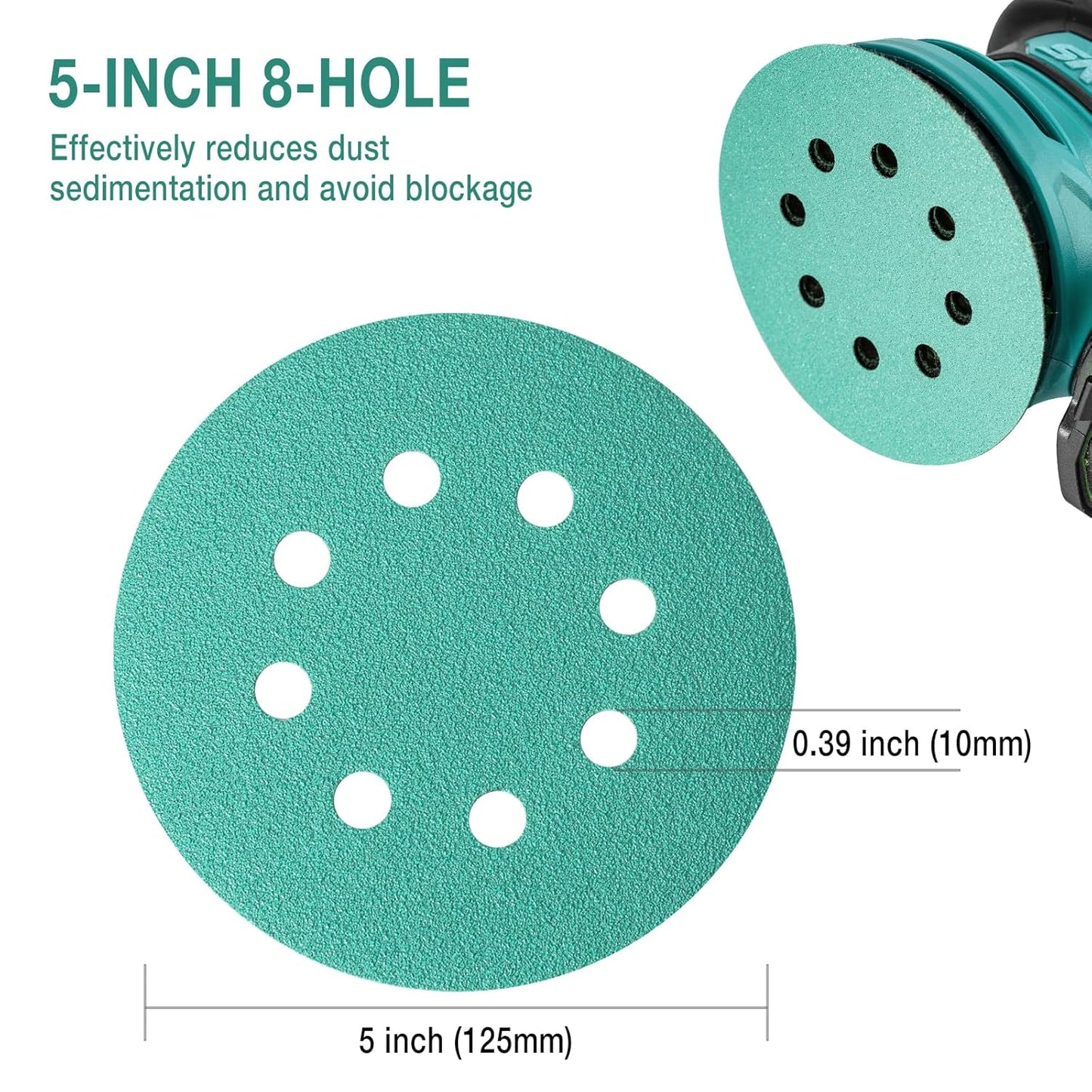 5-Inch 8-Hole Wet Dry Sanding Discs 80/120/180/220/320 Assorted Grits, Polyester Film Backed Heavy-Duty Hook and Loop Sandpaper for Random Orbital Sander, 50-Pack