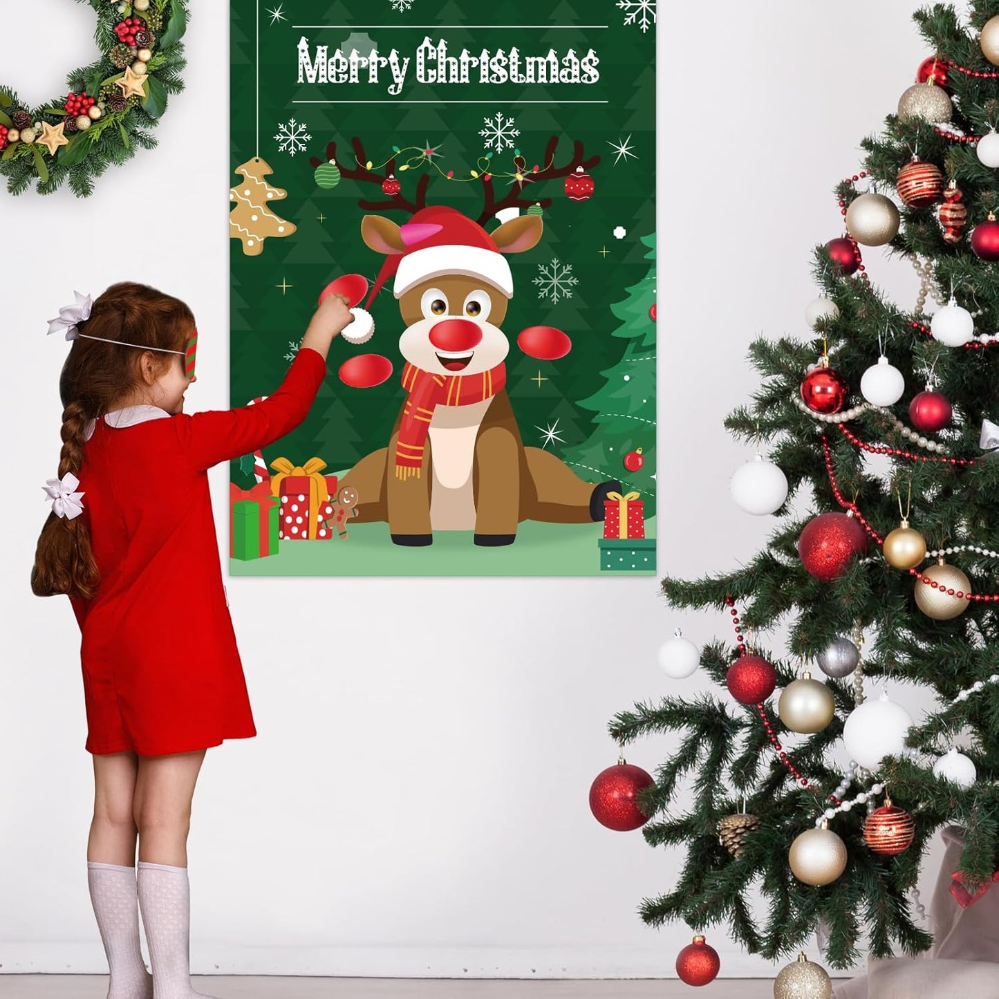 ASTARON Christmas Party Games for Kids, Pin The Hat on Reindeer with 36 Stickers 2 Blindfolds Christmas Holiday Party Decorations School Classroom Activities