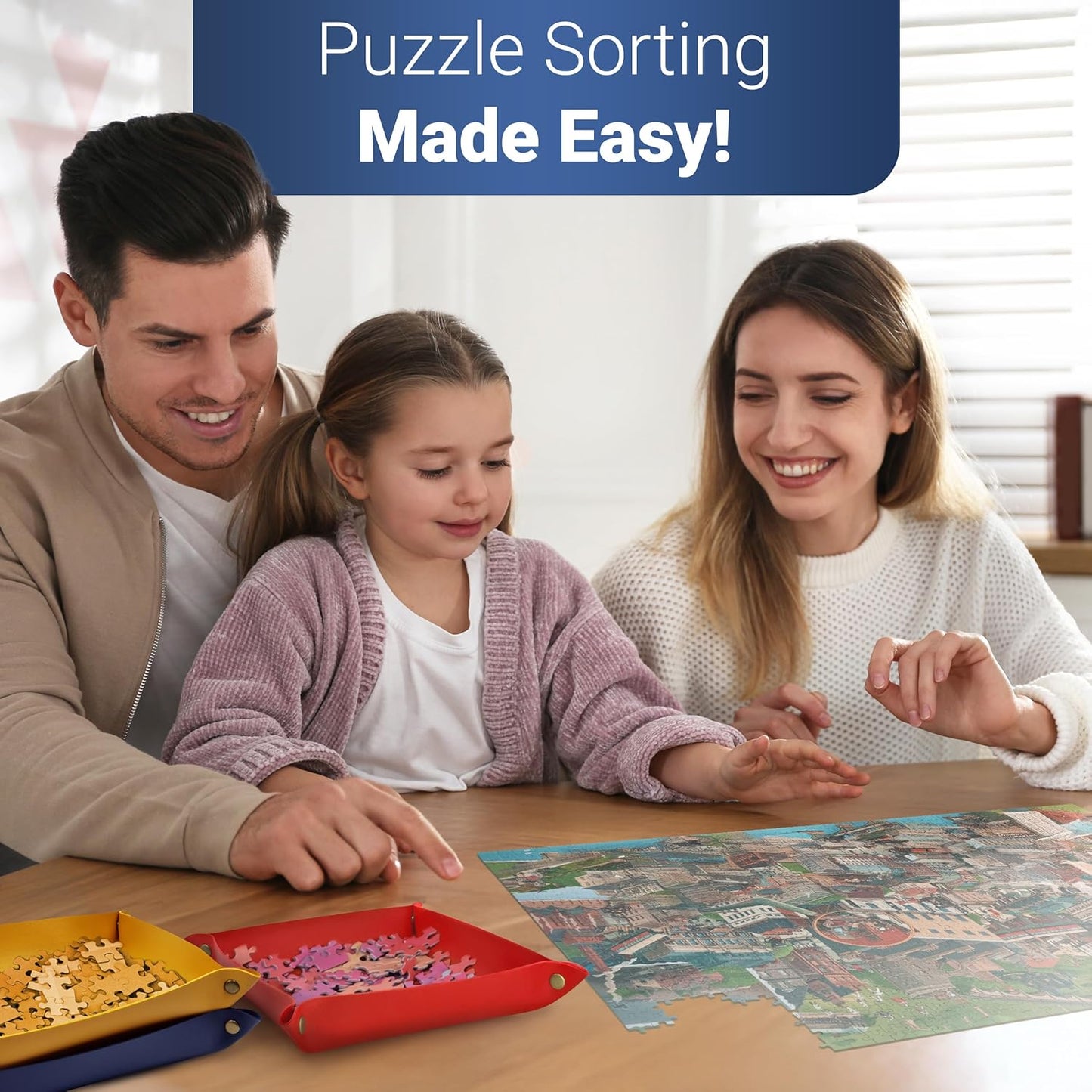 Puzzle Sorting Trays - 3X Large Puzzle Organizer for Sorting 1000 Pieces up to 3000 Pieces, Stackable Jigsaw Accessories for Adults in Red, Yellow and Blue