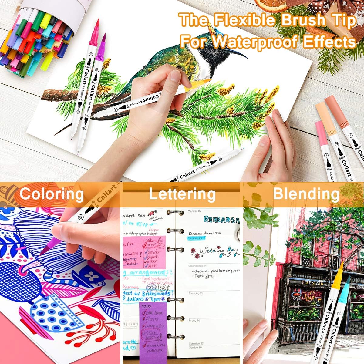 Caliart 72 Colors Double Tip Brush Pens Art Markers, Artist Fine & Brush Pen Coloring Markers for Adult Book Cards Drawing Craft Kit Teacher Office Supplies