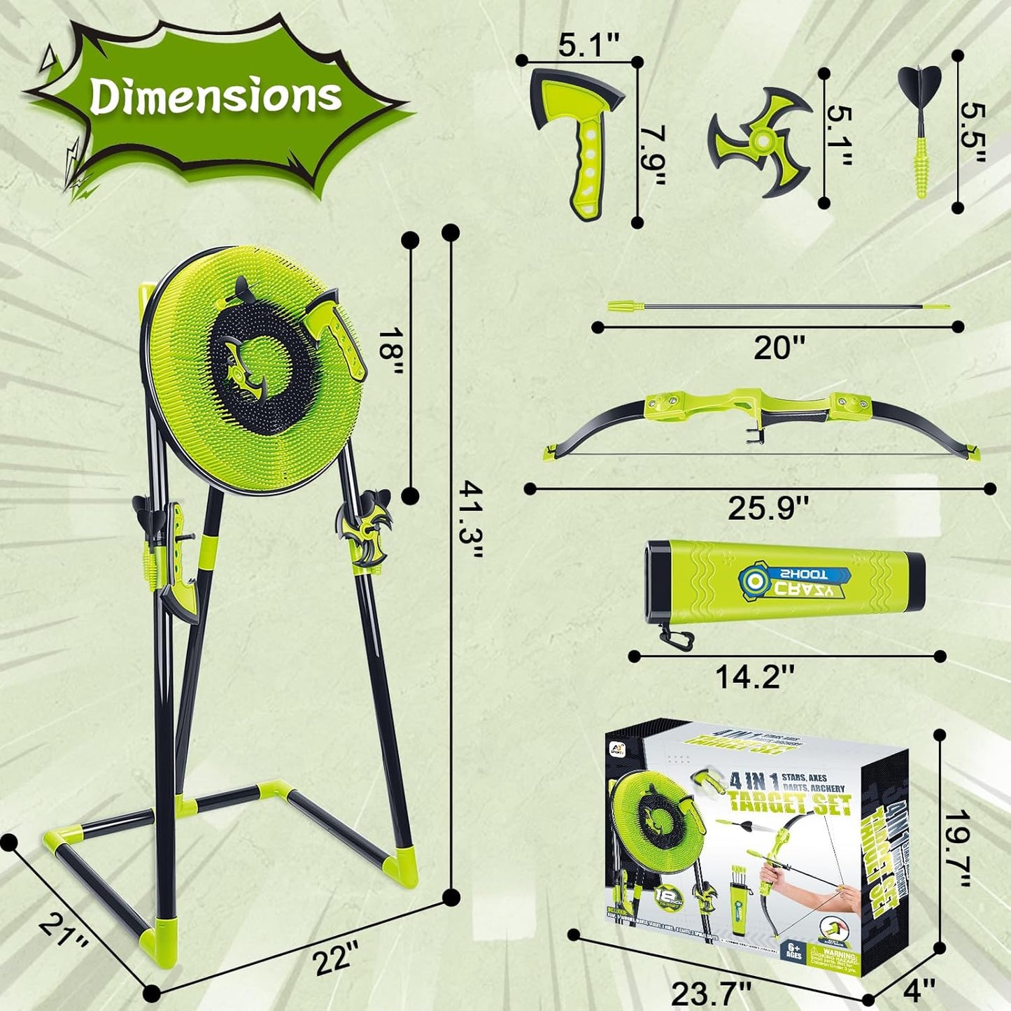 Axe Throwing Game for Backyard - 4 in 1 Outdoor Games for Kids Adults Family - Bristle Target, Bow & 5 Arrow, 3 Throwing Axes, 3 Ninja Stars, 6 Darts Includes - Archery Games for Yard Lawn Carnival