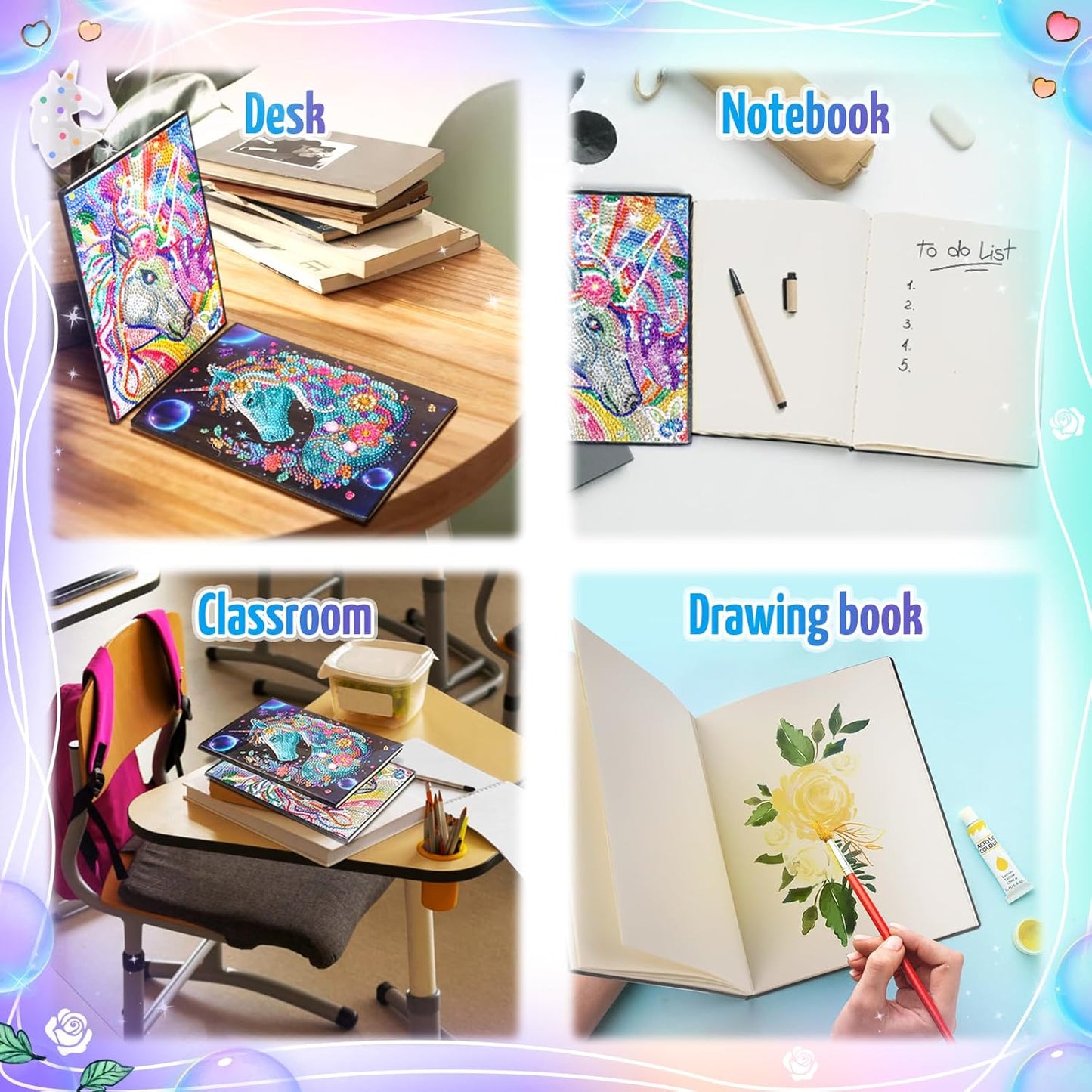 Unicorn Gifts for Girls 5 7 8 9 Year Old, Craft Kits for Kids Age 6 8 10 12 Diamond Painting Kit Unicorns Notebook Toys for 7-11 Year Olds Girls Birthday Gifts Gem Arts and Crafts for Kids Stationary
