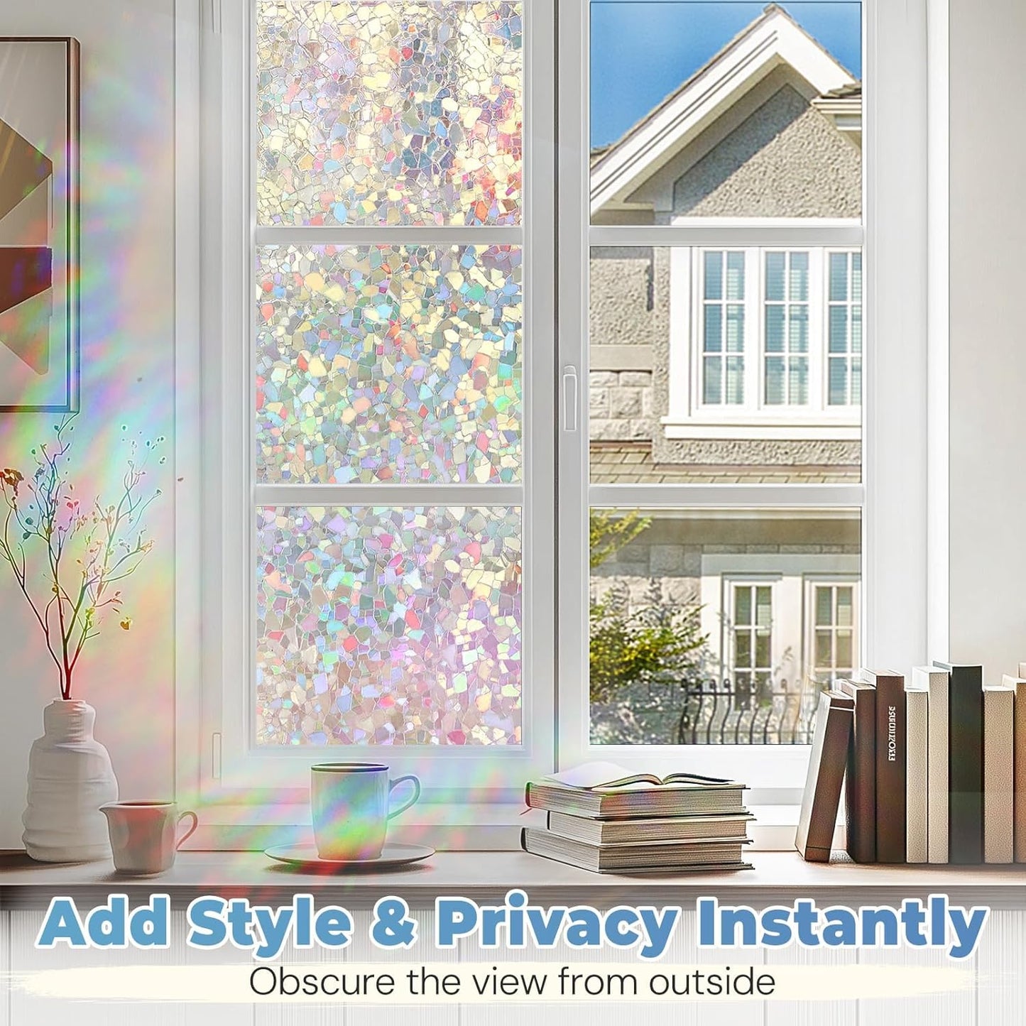 DOWELL Window Privacy Film Rainbow Film, Stained Glass Decorative Sticker, Static Cling Non-Adhesive Glass Clings, Sun Blocking Heat Control Window Coverings for Home Door, 17.5" x 78.7"
