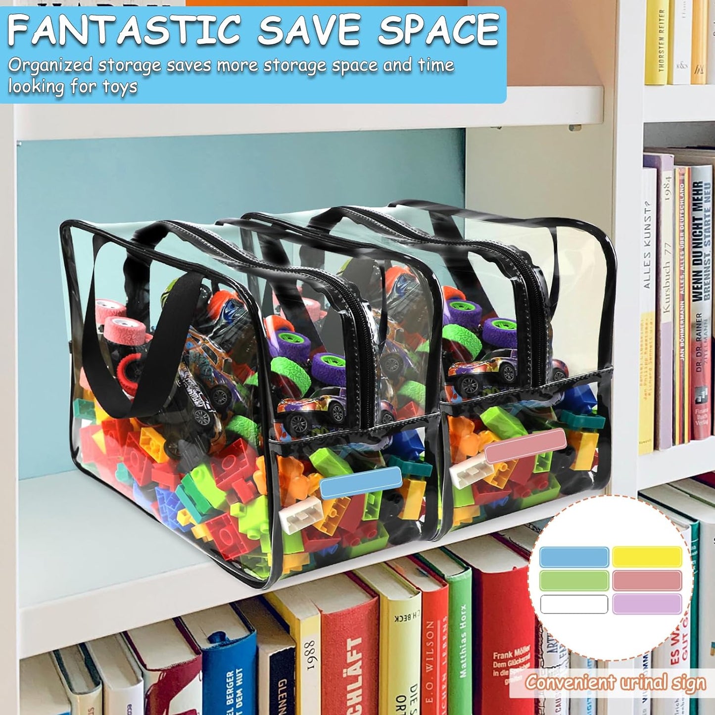 6 Packs Widen X-Large Toy Storage Bags 12.6×9.25×6.9In with Labels, Reusable Clear PVC Board Game Storage, Travel Waterproof Organizer Bags with Zipper for Building Blocks, Puzzle, Stuffed Animals