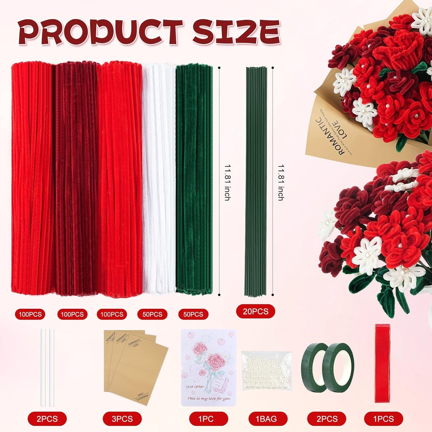 400 Pcs Red Pipe Cleaners for Crafts, 4 Colors Soft Chenille Stems Bulk with Floral Wires, Gardening Tape,Hot Glue Stick,Greeting Card,Bouquet Paper, Pearl & Ribbon, Flowers Craft kit for Christmas