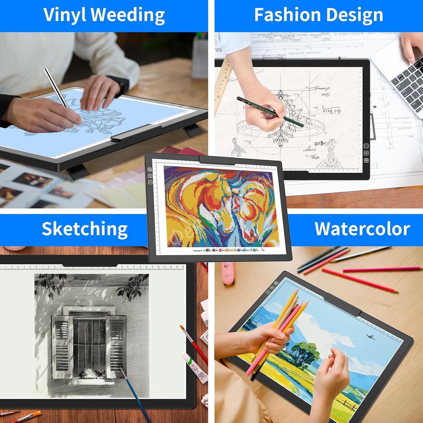 HIUKCOLED Rechargeable A4 Light Pad, Battery Powered Light Board with Top Clip&Stand, Stepless Dimmable&6-Level Brightness Adjustable, Wireless LED Tracing Box for Diamond Painting,Drawing,Sketching