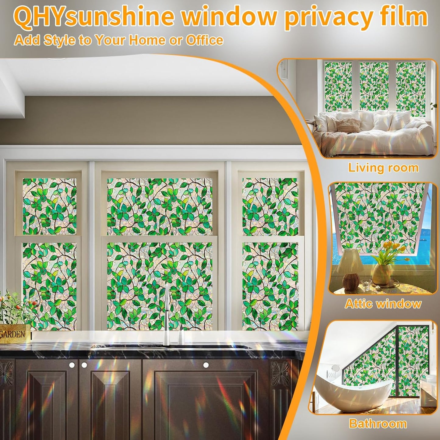 Window Privacy Film Stain Glass Window Film Rainbow Window Film Window clings Non-Adhesive Reusable Decorative for Room (Green Rainbow, 45.2 X 157.4 in)