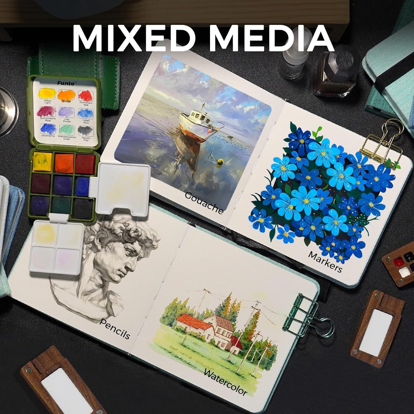 Funto Watercolor Journal, 4.7x4.7, 24 Sheets, 100% Cotton Cold Press, 300gsm/140lb, Inner Paper Pocket, Art Supplies for Mixed Media