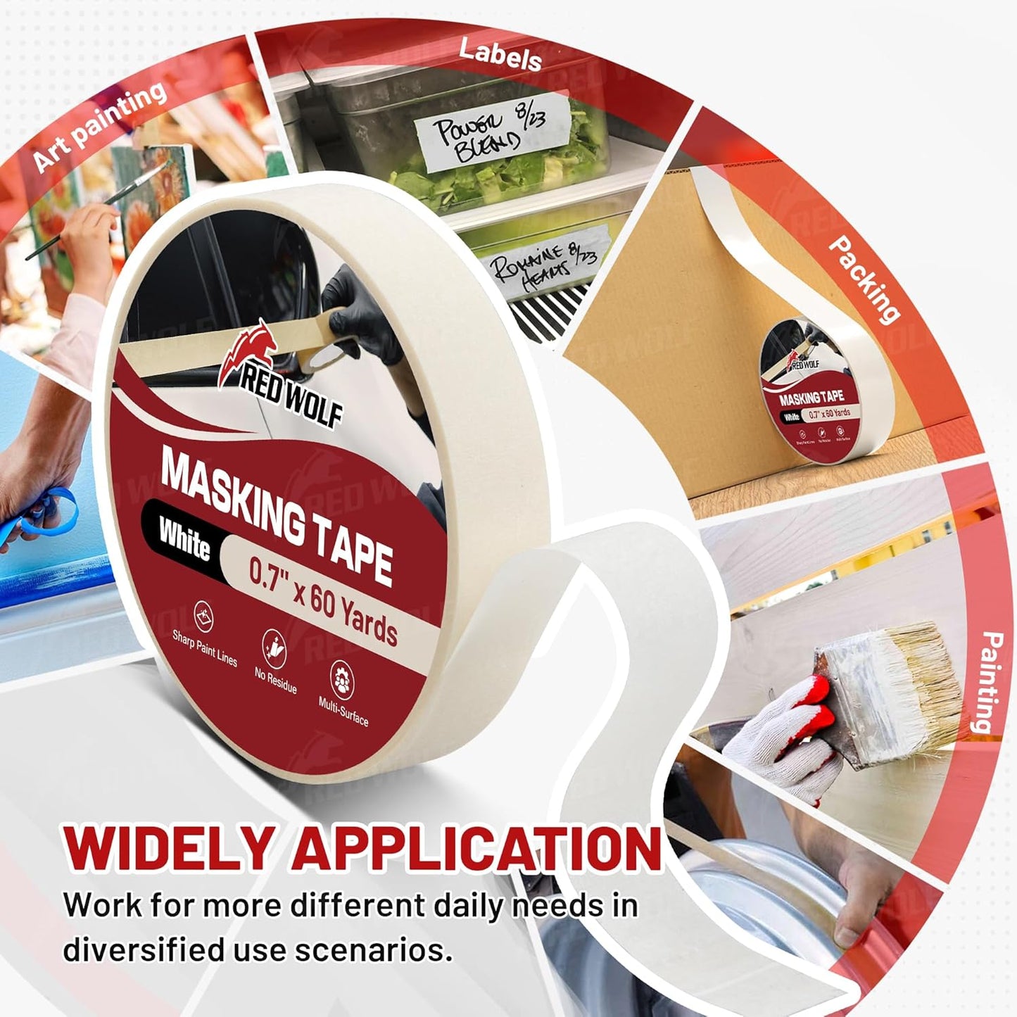 RED WOLF 1.41" x 60 Yards Masking Tape 3 Pack, General Purpose for Painting Arts Crafts Label Car Painting, Sharp Paint Line No Residue Painters Tape White Beige Crepe Paper Tape Heat Resistance