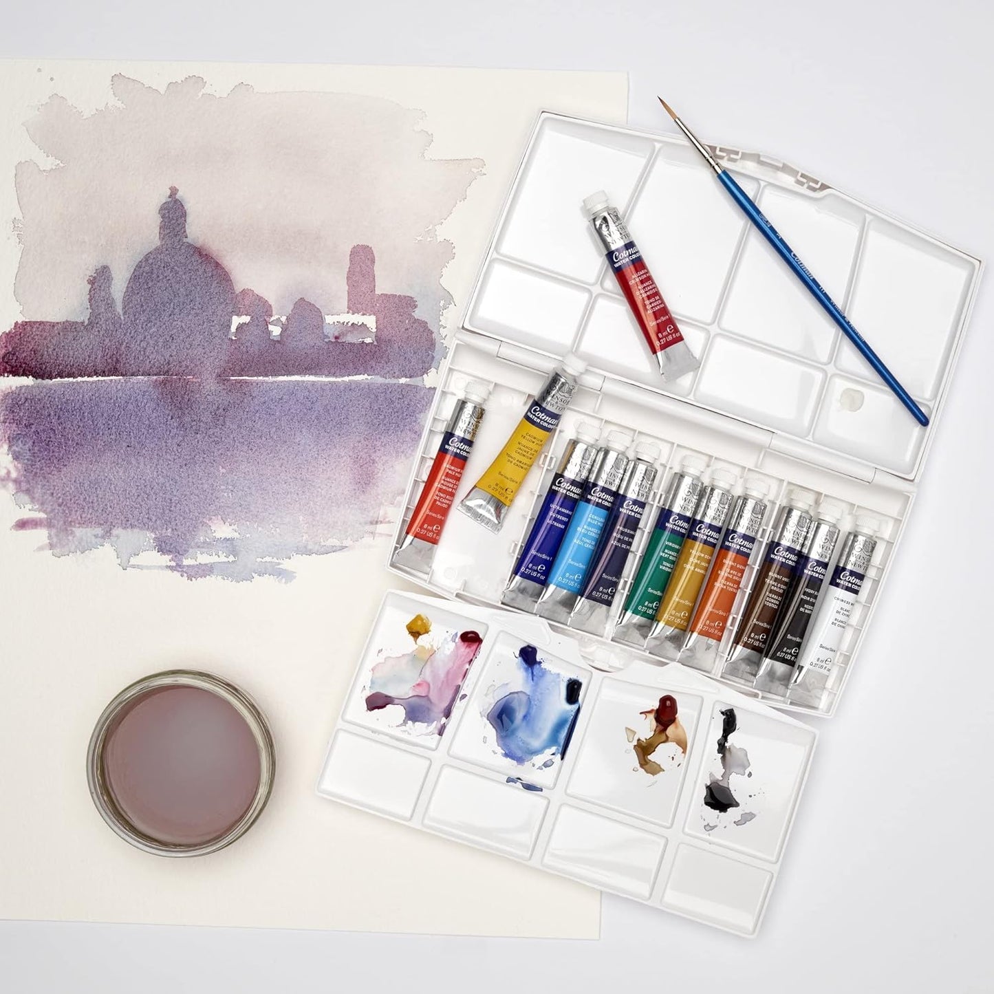 Winsor & Newton Cotman Watercolor Paint Set, 12 Colors, 8ml (0.27-oz) Tubes w/ Brush
