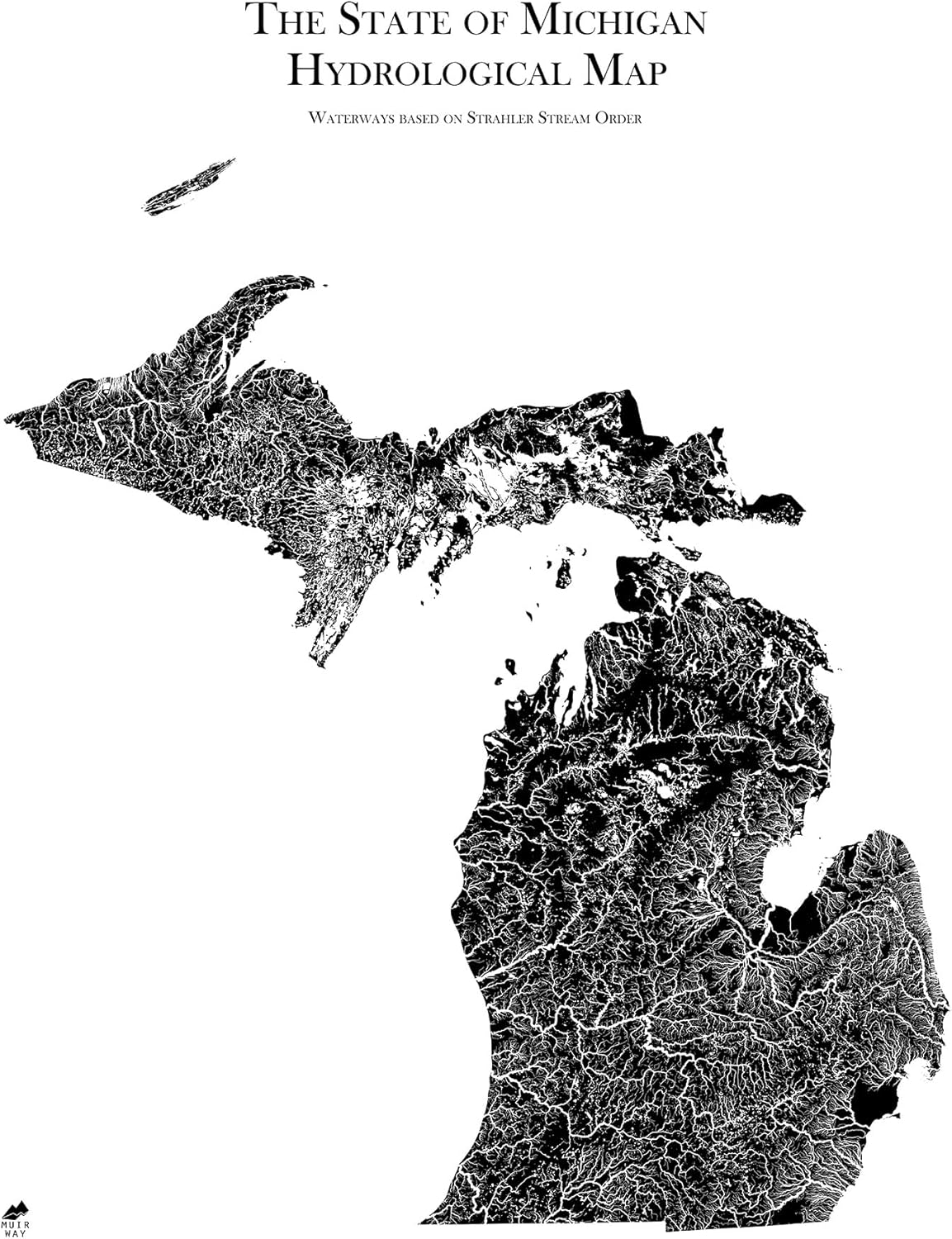 Muir Way Hydrological River Map of Michigan - Watershed Topographic Wall Art for Home, Office, or Travel Decor - Unframed Flat Paper Print, 18x24