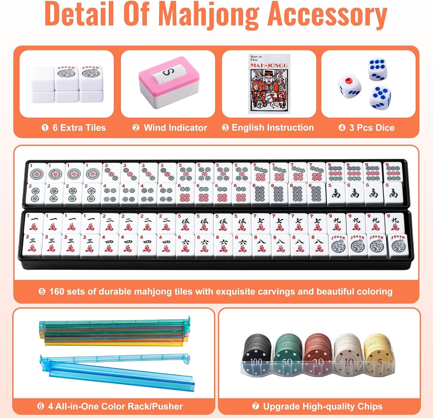 American Mahjong Tile Set,166 Premium White Tiles, 4 All-in-One Color Racks With Pushers, Mahjong Game Set With Large Capacity,Durable,Eco-Friendly Canvas Bag (Mah jongg Set,Mahjong Set Complete)