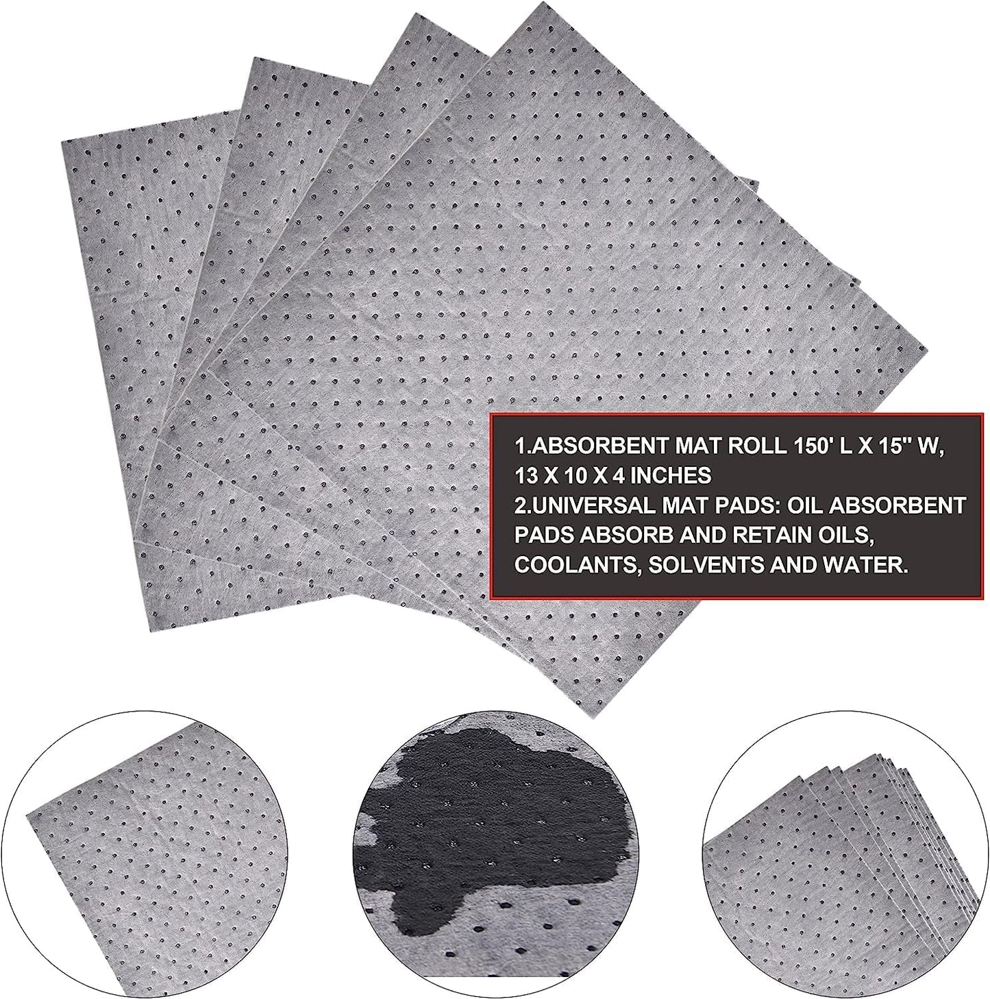 PONO Premium Polypropylene 150' L x 15" W Absorbent Mat Roll Gray Heavy Weight Oil Absorbing Mats Universal Oil for Absorbing Oils, Water, Solvents, Coolants and More
