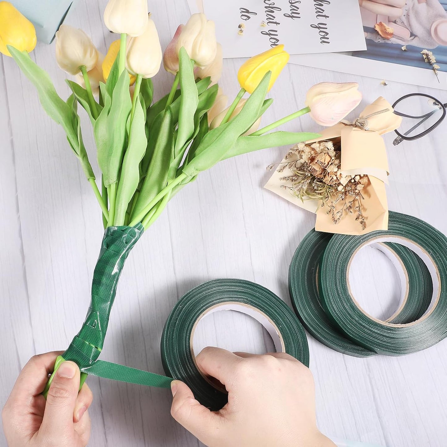 Prudiut 3 Roll Green Floral Tape Waterproof Florist Tape, 1/2" Wide Flower Wrap Tape Floral Tape for Fresh Flower Bouquet Wrap Flower Arrangements Crafts (100Ft/33Yd)