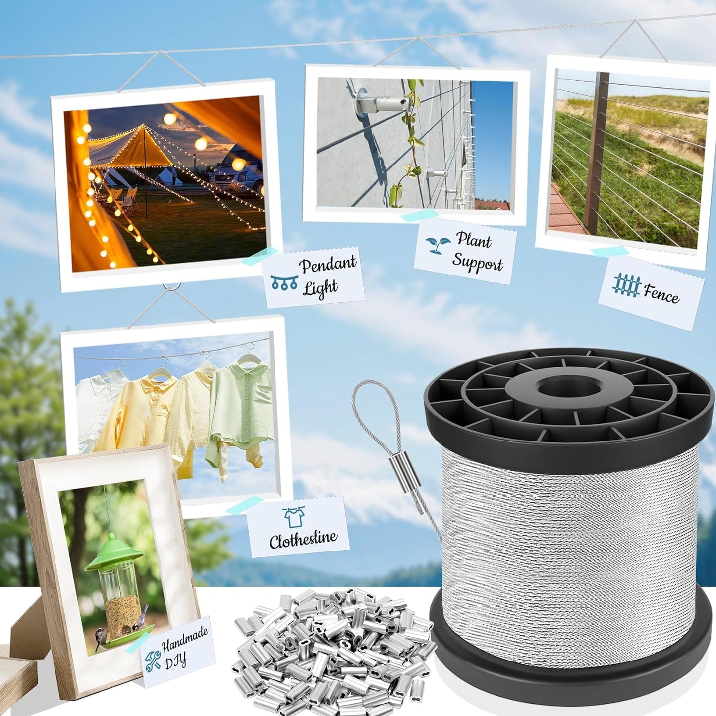 316 Stainless Steel Cable, 800FT 1/32IN Wire Rope with 200Pcs Aluminum Sleeves Stops, for String Lights Hanging, Clotheslines, Trellis Wire