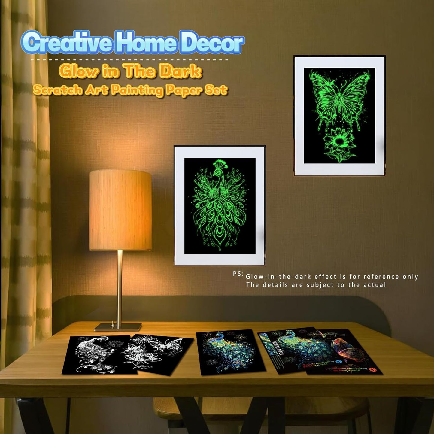 Scratch Paper Art for Adults-Glow in The Dark Scratch Painting Craft Kit (8 Sheets A4)|Foil Engraving Art Set|Stress Relief Gift for Craft Lovers|Creative Scratch Art Home Decor(Butterfly&Peacock)