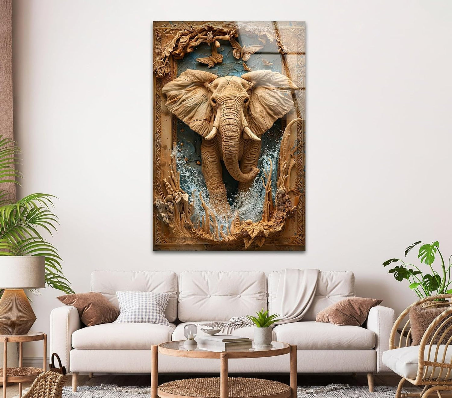 My Photostation.com 32Wx48H'' Elephant Carving Glass Wall Art Tempered Glass Printing Wall Decor Large Wall Art Wall Hangings