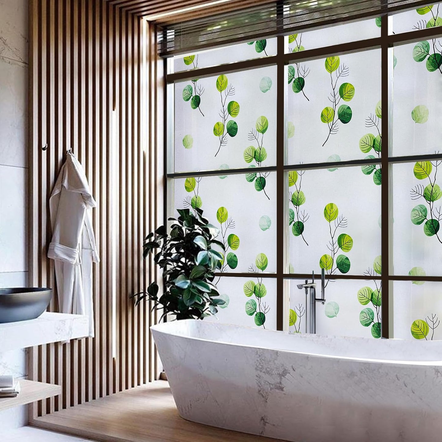 DKTIE Eucalyptus Leaves Stained Glass Window Film with Installation Tools, INS Style Window Privacy Film Decorative, Nordic Style for Home Decor (S541, 35.4'' x 78.7'')