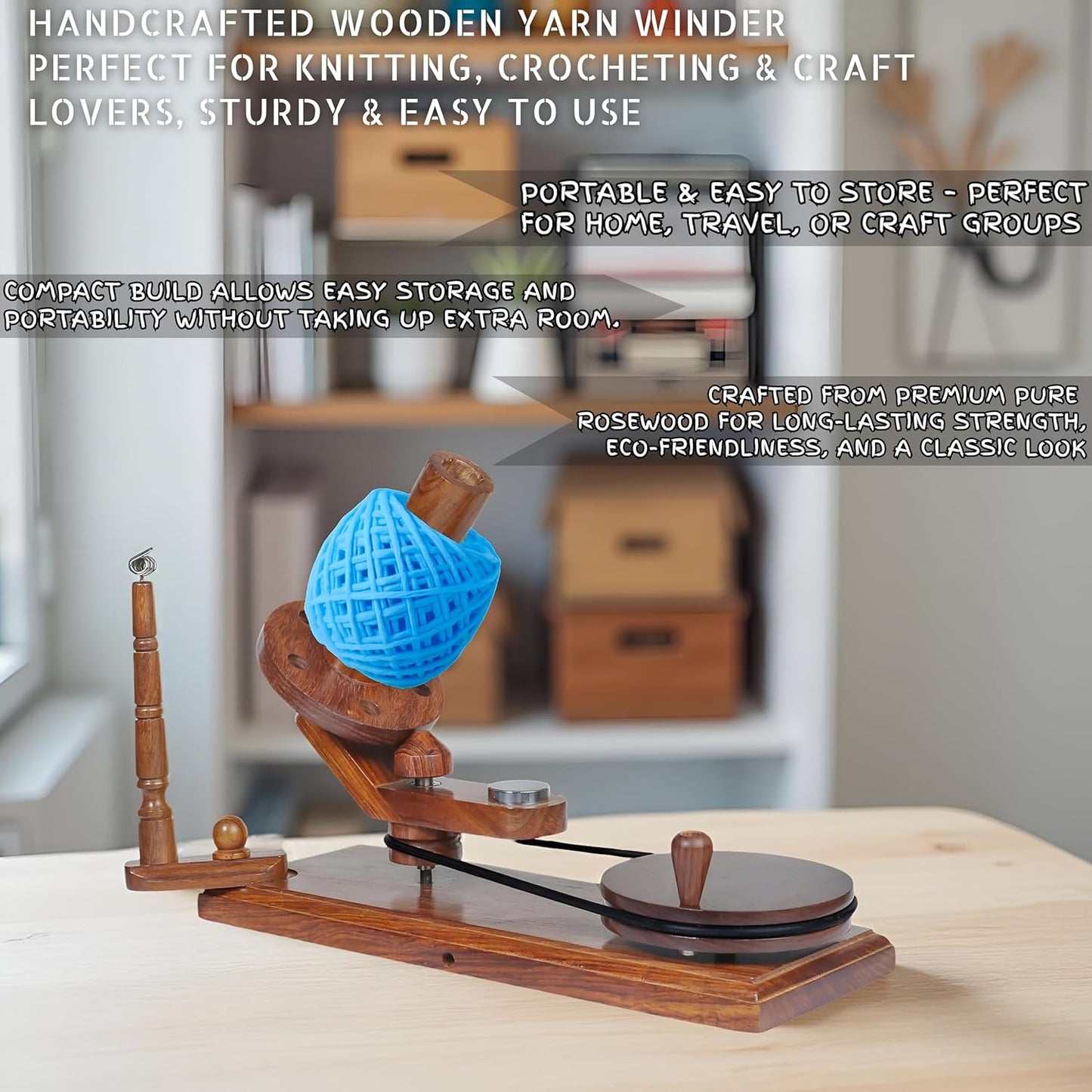 Bhartiya Handicrafts Rosewood Yarn Winder | Large Capacity 10 oz Wooden Yarn Winder for Knitting, Crocheting and Weaving | Table Top Wood Yarn Swift and Ball Winder